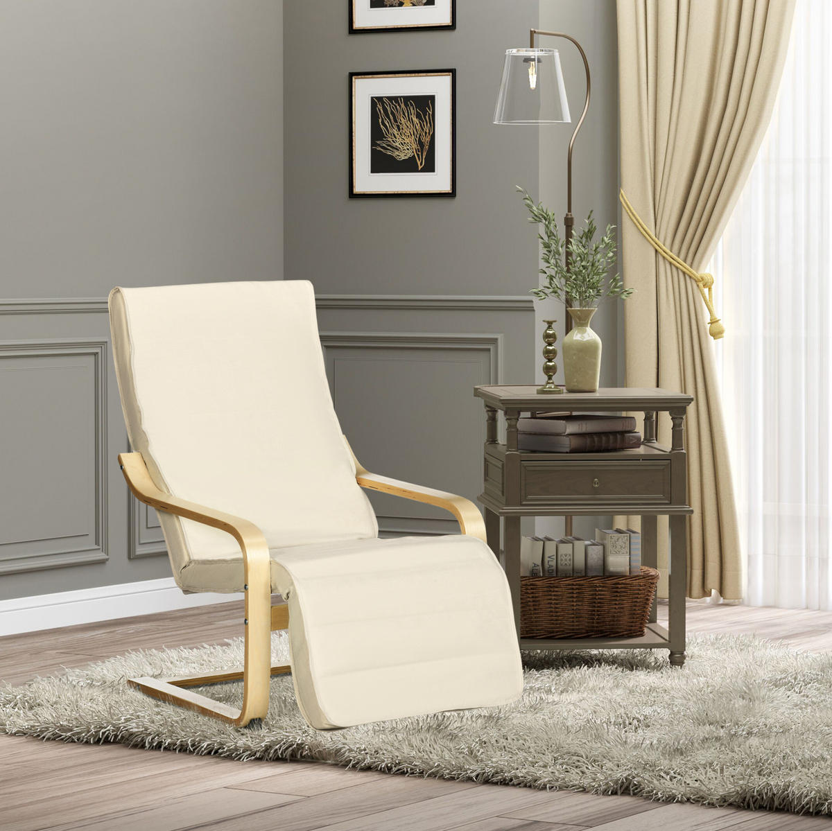 RELAXSESSEL Freischwinger mit verstellbarer Fußstütze Birkenholz, Stoffbezug 66,5/94/100 cm Cremeweiß - Creme, Textil (94/100/66.5cm) - Redom