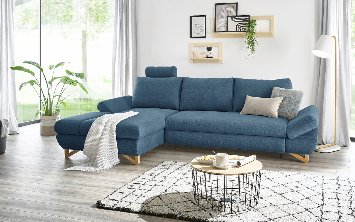 ECKSOFA blau Struktur-Stoff, Sofa mit Bettfunktion und Stauraum 284 cm - Blau, Holz/Textil (166/284cm) - Furn.Design