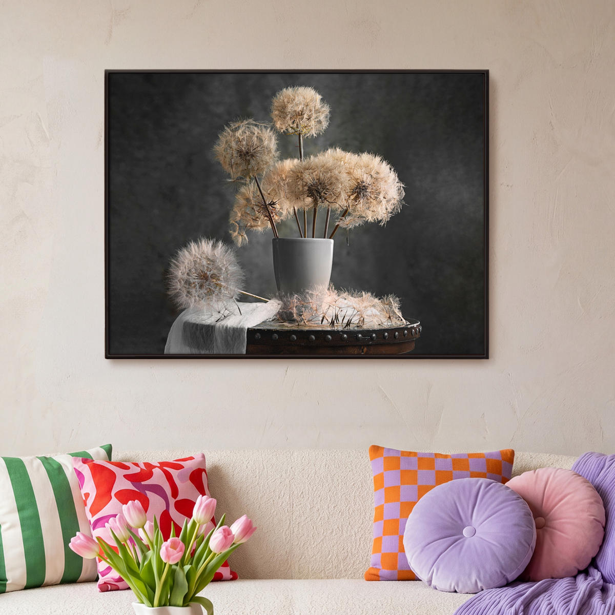 LEINWAND Bilder mit Rahmen - Blumensamen - Löwenzahn - Vase - Stilleben - Blumenstrauß - 100x70 - Dunkelgrau, Textil (100/70cm) - MuchoWow