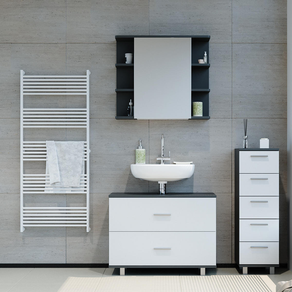 BADMÖBEL-SET Ilias Weiß/Anthrazit 3 Teile, mit Unterschrank 80 cm - Anthrazit/Weiß, Holzwerkstoff (80/60/33cm) - Vicco