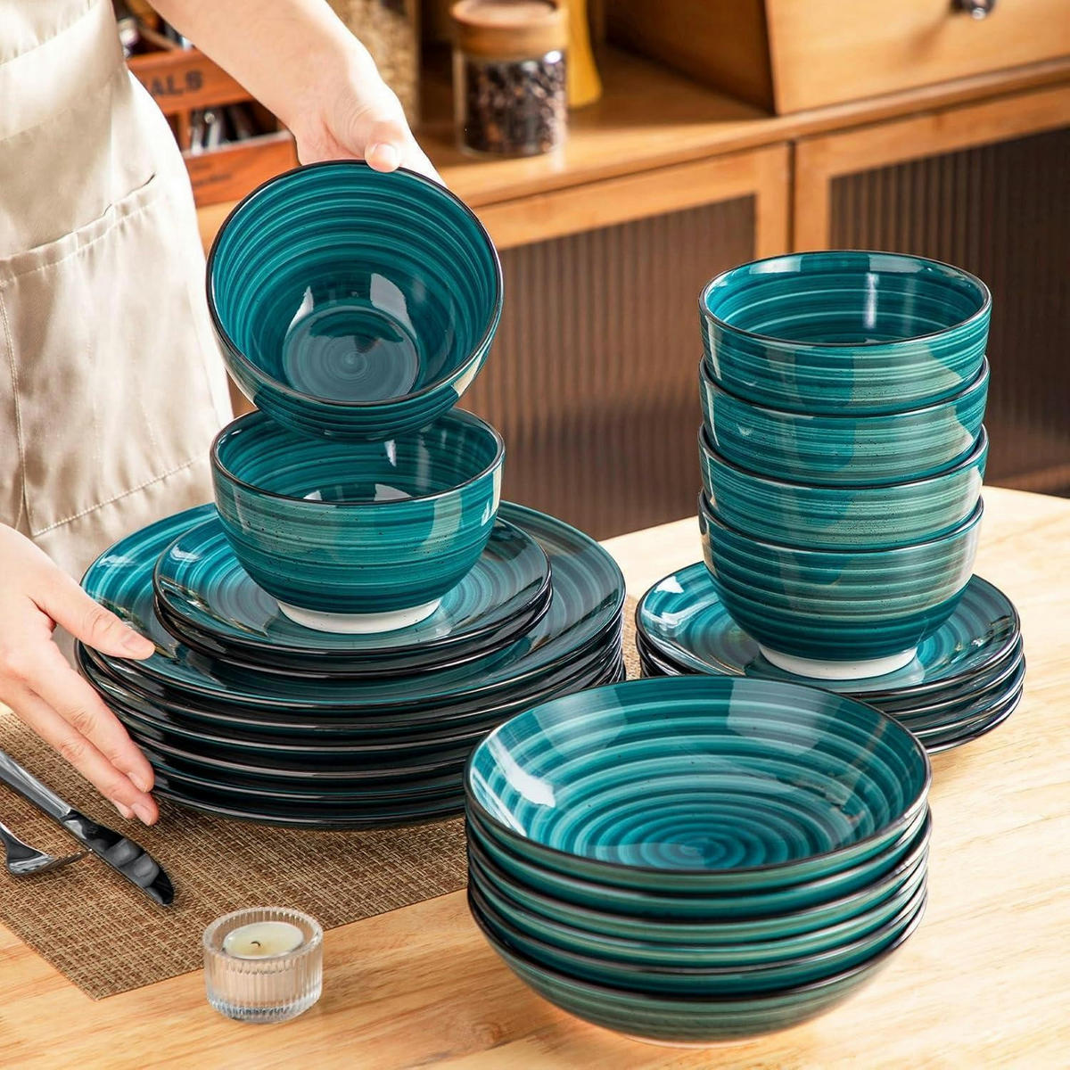 TAFELSERVICE 24-teiliges Set Steingut Bonbon Grün - Türkis, Keramik (26.8/3.2/26.8cm)