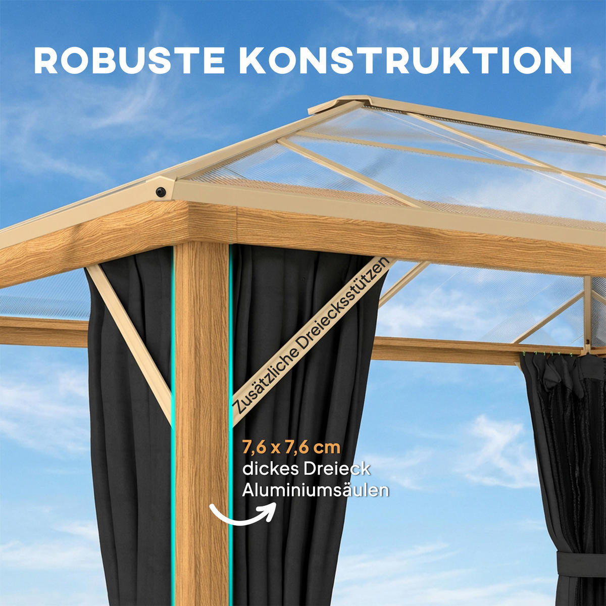 GARTENPAVILLON Aluminium Polyester Naturholz - Naturfarben, Textil/Metall (298/262/398cm) - Outsunny