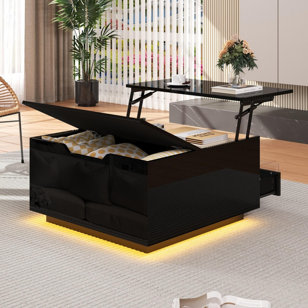 COUCHTISCH 70x70cm Schwarz Anhebbar LED Hochglanz Schublade Stauraum - Schwarz, Holz (94.67/46.46/19.13cm) - FLIEKS