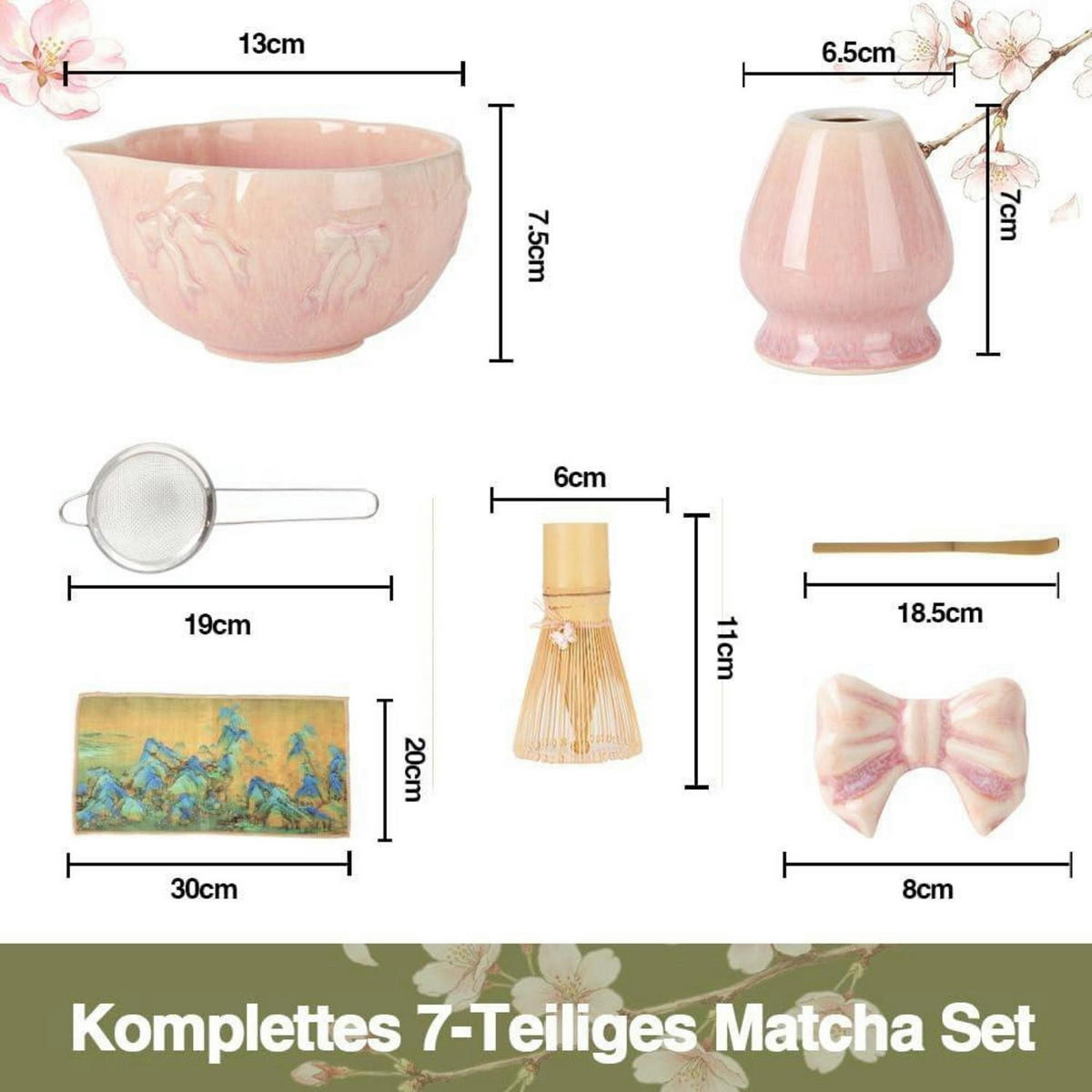 MATCHA Set 7-teilig Keramik mit Bambus Besen und Ausgießer Schale Rosa - Rosa, Keramik (20/13/30cm)