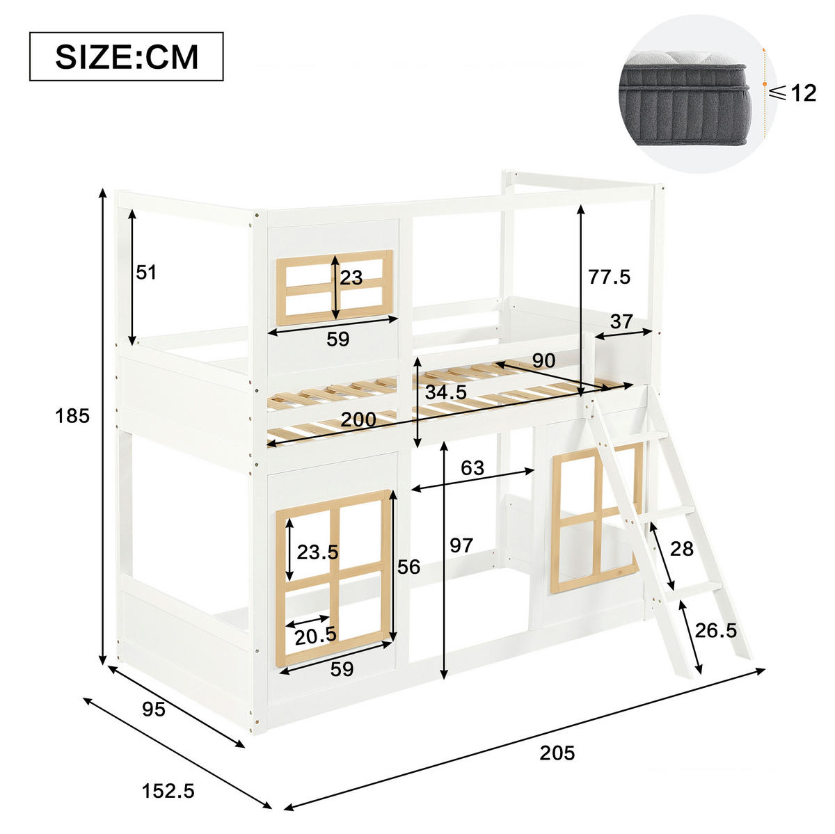 ETAGENBETT 90/200 cm aus Kiefer/MDF mit Fenstern, Trittleiter und Rundum-Absturzschutz, Weiß/Natur - Weiß, Holzwerkstoff (90/200cm) - Redom