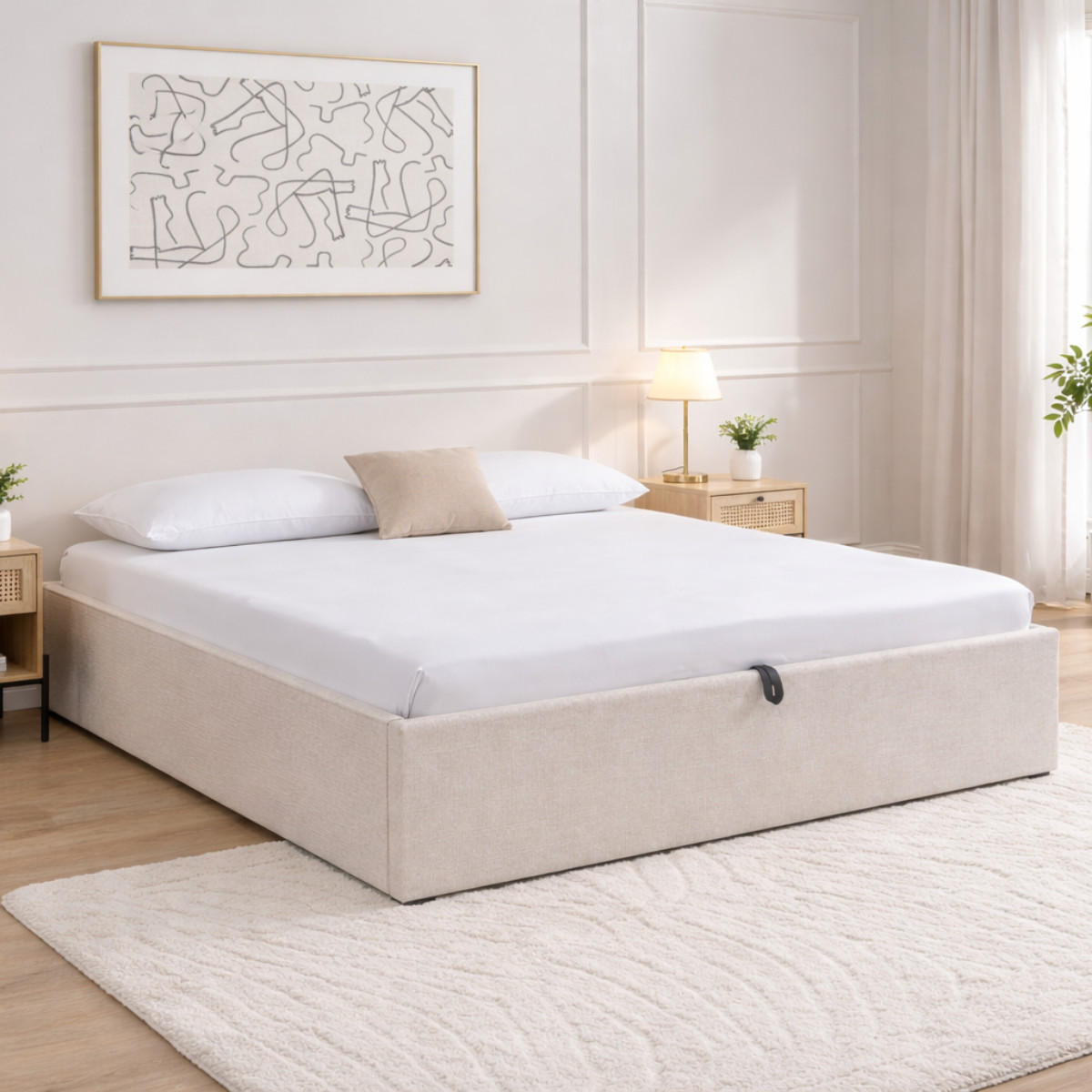 BETT mit Bettkasten 160 x 200 cm aus meliertem Stoff 170/36,50/214 cm - Beige, Holz (200/160cm) - Calicosy