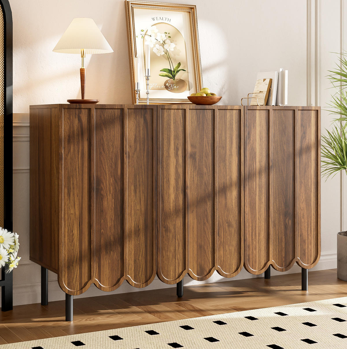 SIDEBOARD aus MDF in Walnussoptik mit Wellentüren und griffloser Rebound-Öffnung, 120/35/80 cm, Walnussoptik - Naturfarben, Holzwerkstoff (35/80/120cm) - Redom