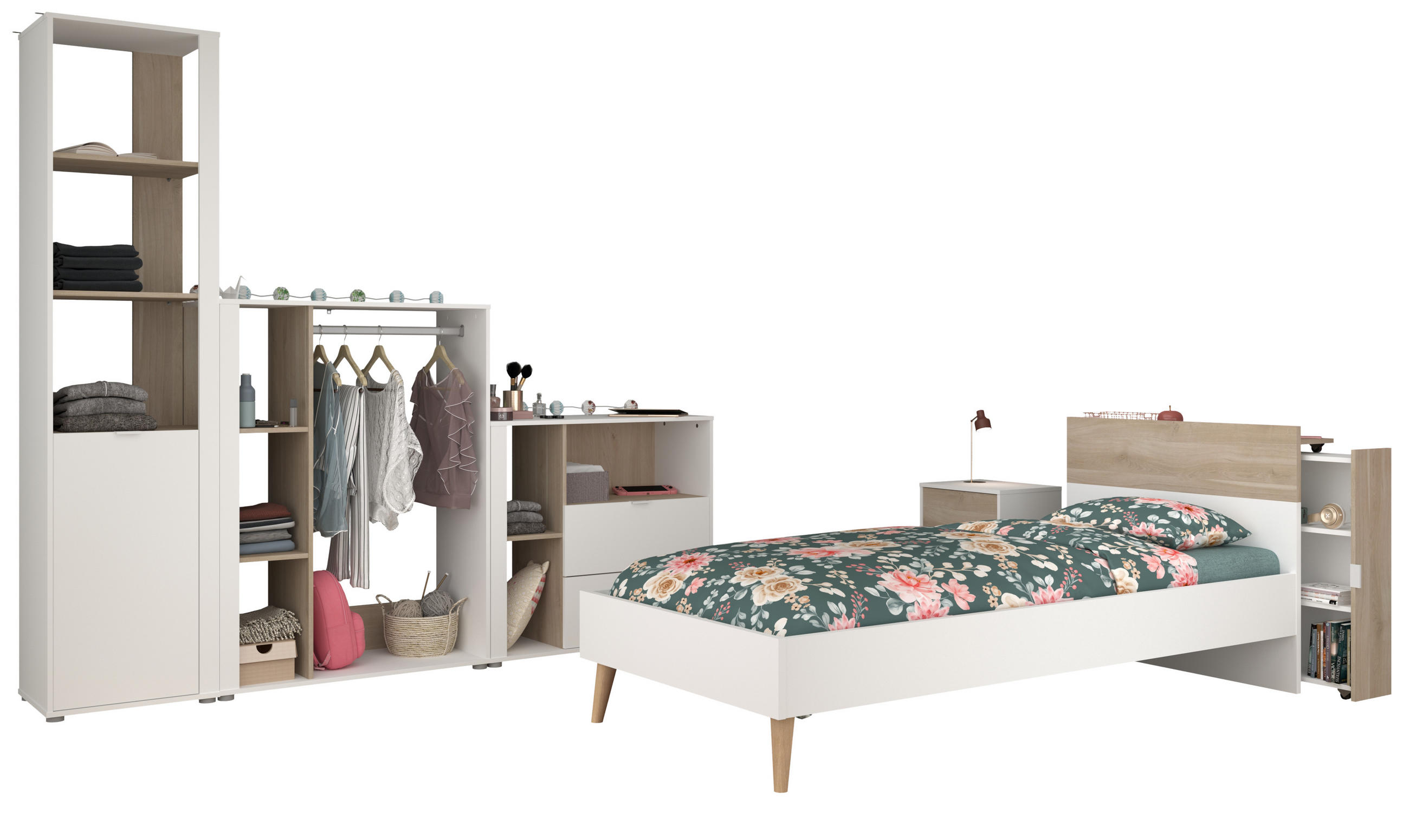 JUGENDZIMMER Aalborg 4 in Weiß und Japanischer Eiche 6 teilig - Weiß, Holzwerkstoff (120/200/80cm)