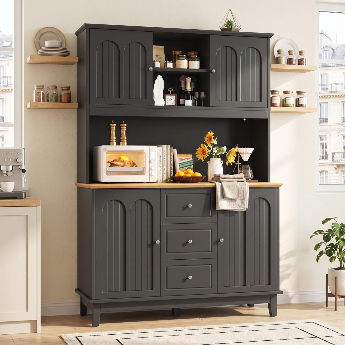 BUFFETSCHRANK Schwarz & Natur mit LED & App-Steuerung, 4 Türen, 3 Schubladen - Schwarz, Holzwerkstoff (120/180/40cm) - Urban Meuble