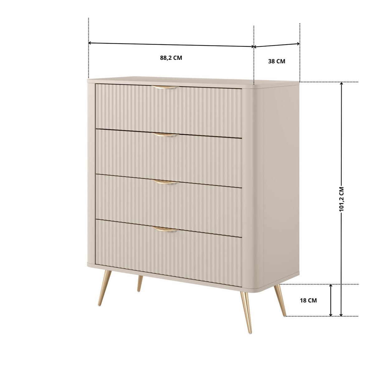KOMMODE Flore 88 cm Beige / Gold - mit 4 geriffelten Schubladen - Beige/Gelb, Holz/Holzwerkstoff (88/101/38cm) - Ravio