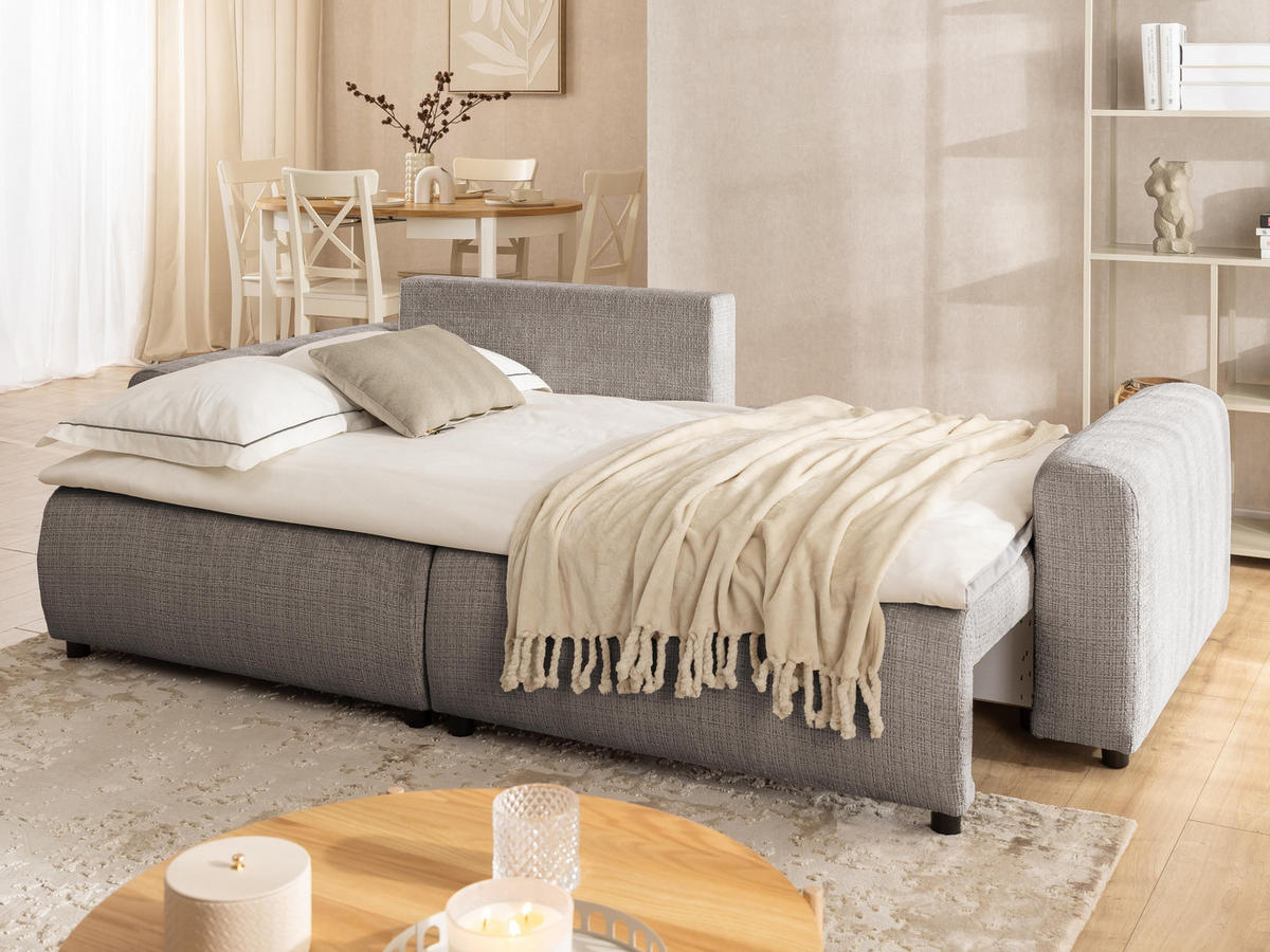 ECKSOFA Calma mit Schlaffunktion und Bettkasten im Bumpy-Design aus weichem Taupe Chenille-Stoff - Ottomane links - Taupe/Beige, Holz/Kunststoff (140/239cm) - S-Style Möbel