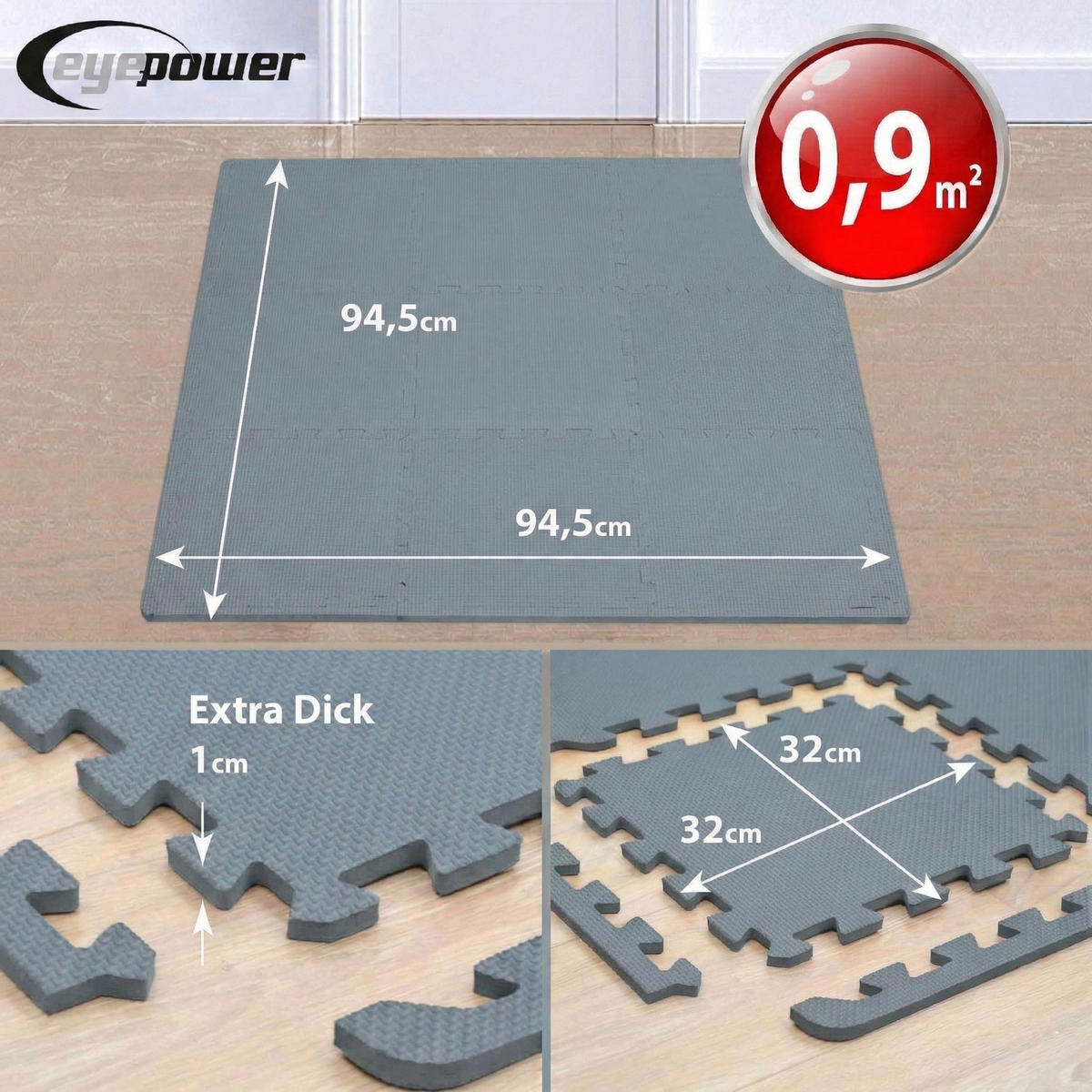 BODENSCHUTZMATTE 30x30x1 cm, Grau, 9er Set - Grau, Kunststoff (30/30cm) - eyepower