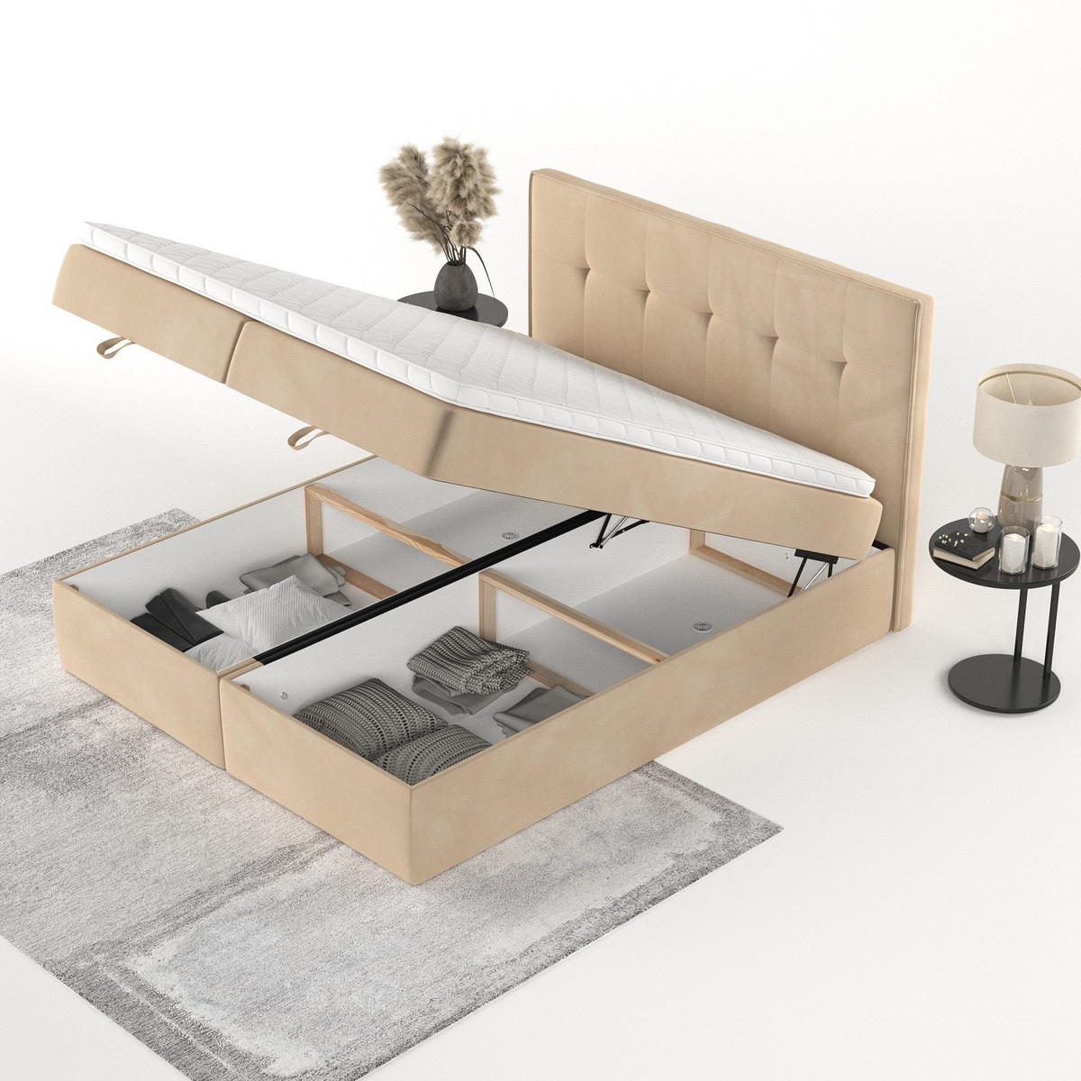 BOXBETT Tivra 180/200 cm Beige im Kronos Stoff - Beige/Schwarz, Holz/Holzwerkstoff (180/200cm) - AltaBeds