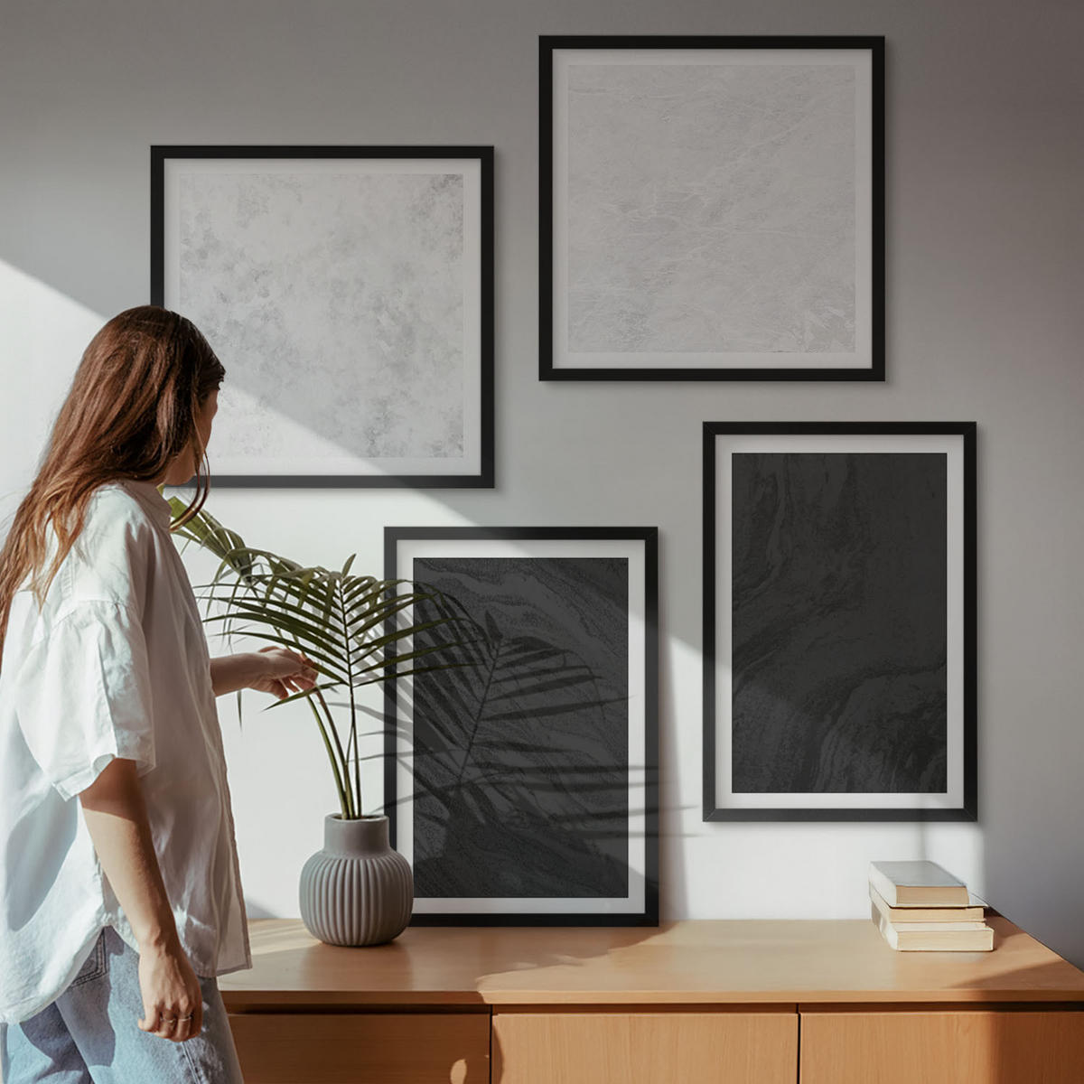 WANDBILDER 4er-Set - 50x50 cm & 40x60 cm Schwarzer Rahmen - Dunkles Licht, glamouröse Marmor - Schwarz, Kunststoff (50/50cm) - ArtPrintCave