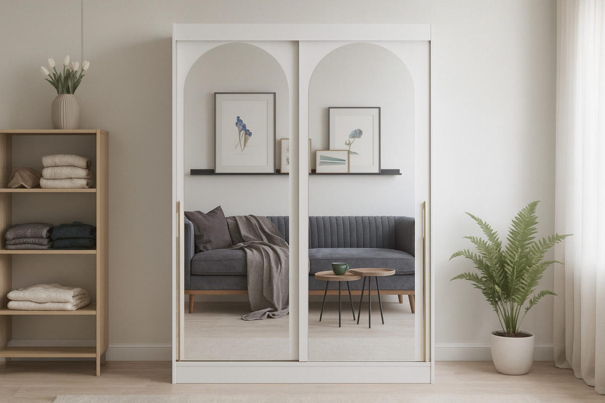 SCHIEBETÜRENSCHRANK MOSSA 150 / 215 / 65 cm in Weiß / Gold - Goldfarben/Weiß, Holzwerkstoff (150/215/65cm) - Deine Möbel 24