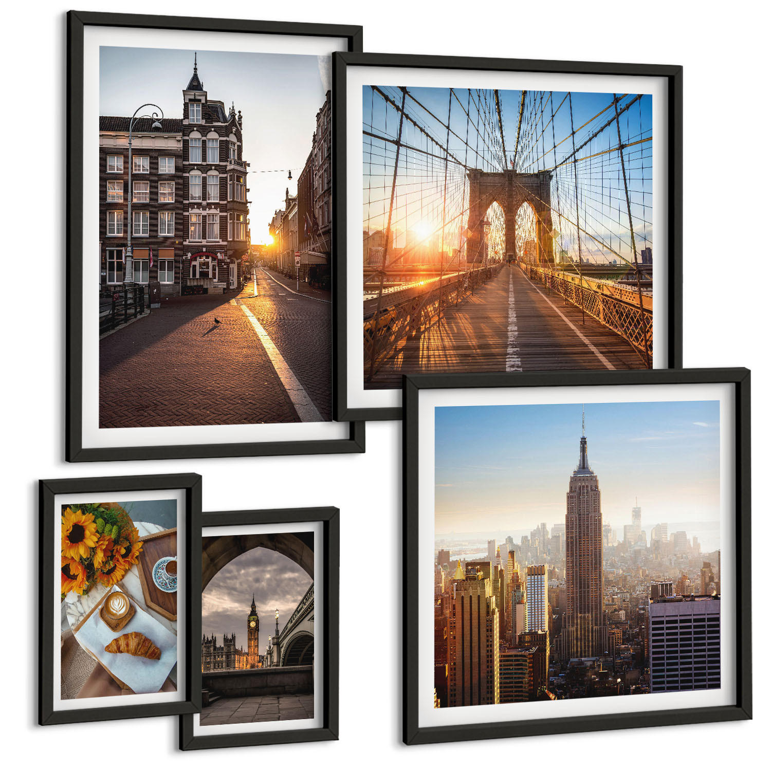 BILDER SET 5er Set - 50x50 cm & 20x30 cm & 40x60 cm Schwarzer Rahmen - Venezianische Straßen Wasserarchitektur - Schwarz, Kunststoff (40/60cm) - TULUP