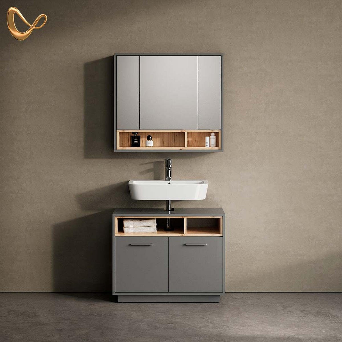 BADMÖBEL-SET Temo Anthrazit 2 Teile - Anthrazit/Sonoma Eiche, Holzwerkstoff (80/72/40cm) - Livinity®