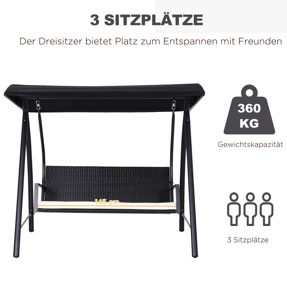HOLLYWOODSCHAUKEL, mit Dach, Polyrattan+Metall, Schwarz, 198 x 124 x 179 cm - Schwarz, Metall (124/179/198cm) - Outsunny