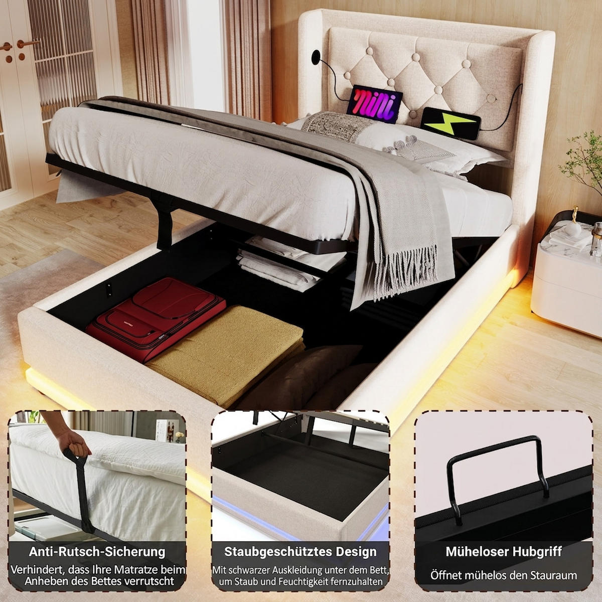 POLSTERBETT 90/200 cm Beige mit USB Typ-C Ladefunktion und 3-seitige LED-Funktion - Beige, Textil (90/200cm) - Oxeza