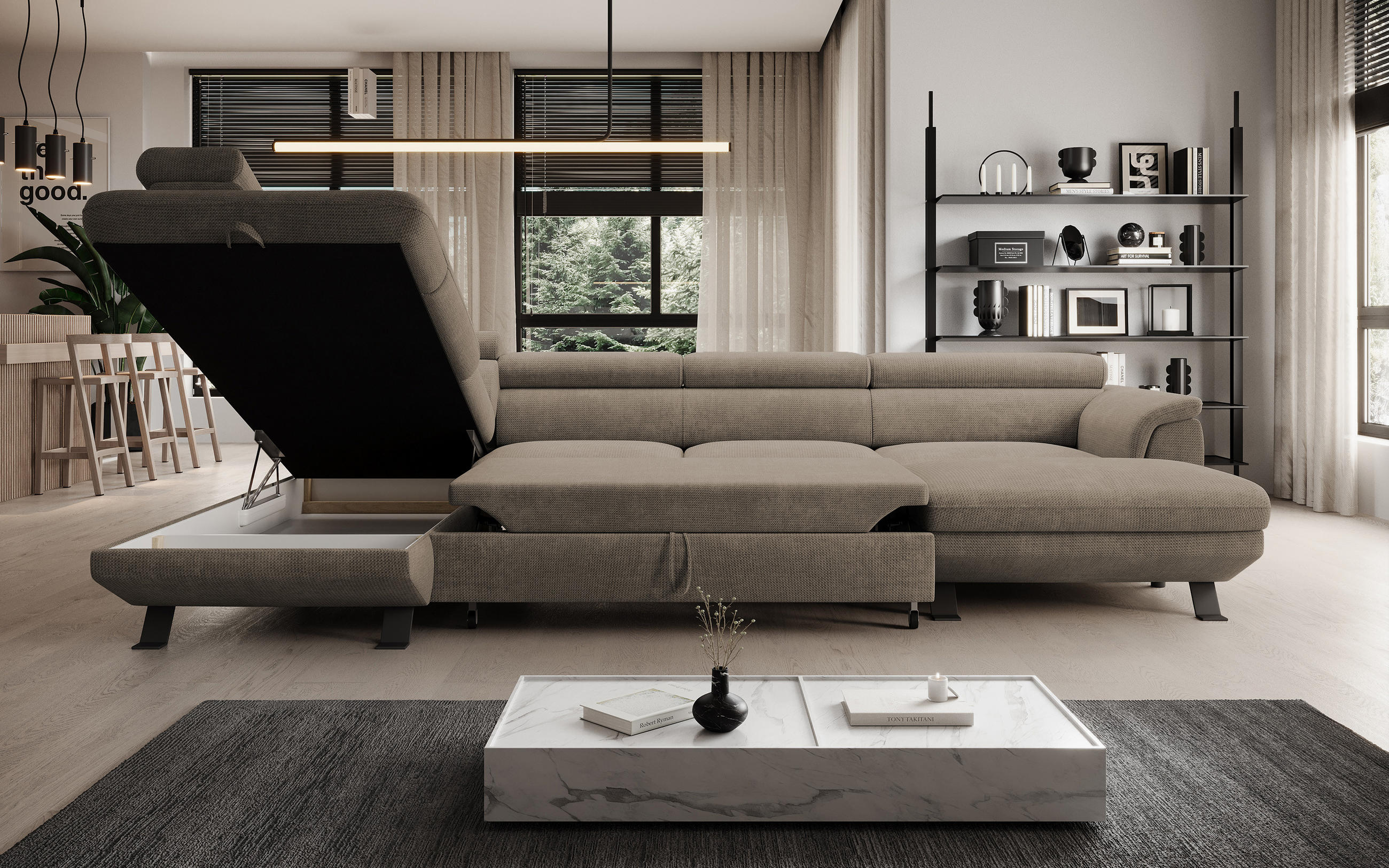 ECKSCHLAFSOFA Raven XL, Verstellbaren Kopfstützen, Bettkasten, Großes Sofa 334x198x162cm Linke, Beige - Beige, Holz/Textil (198/334cm) - DomoHome