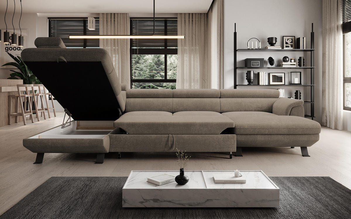 ECKSCHLAFSOFA Raven XL, Verstellbaren Kopfstützen, Bettkasten, Großes Sofa 334x198x162cm Linke, Beige - Beige, Holz/Textil (198/334cm) - DomoHome