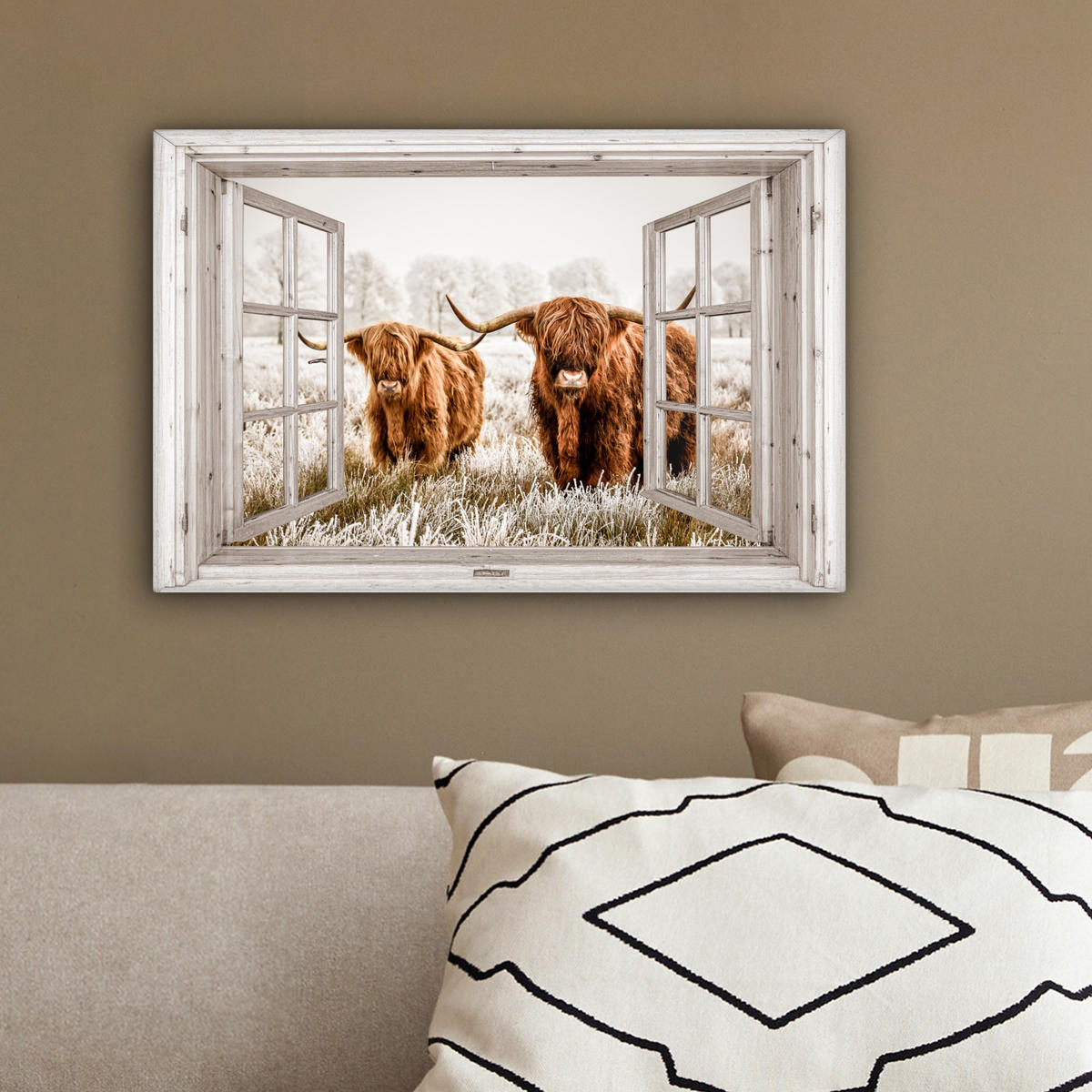 LEINWANDBILD Durchblick - Schottische Highlander - Tiere 30x20 cm - Hellbraun, Textil (30/20cm) - MuchoWow