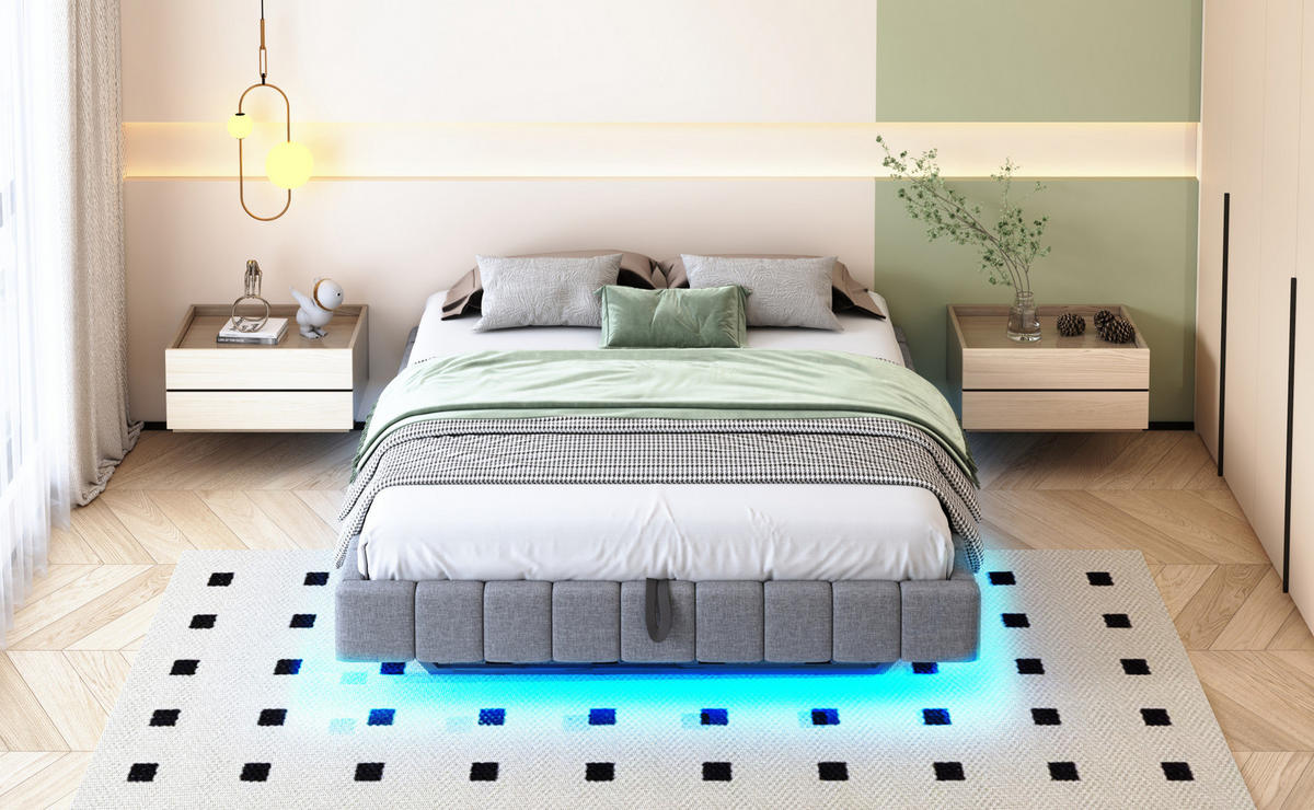POLSTERBETT 160/200 cm Grau aus Stoff mit LED-Lichtleiste - Grau, Textil (160/200cm) - OKMYHOME