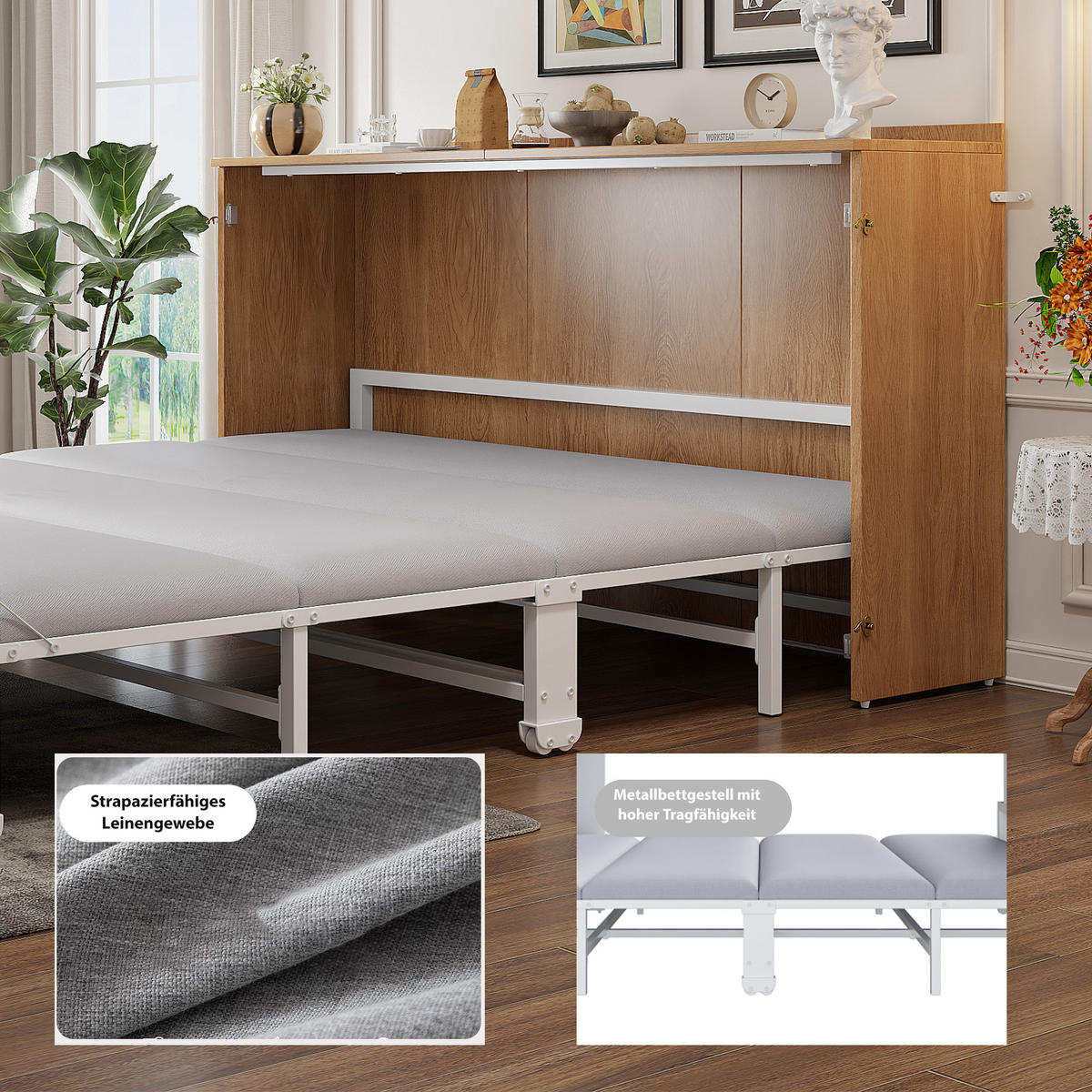 SCHRANKBETT 140/200 cm in Holz mit Leinenmatratze - Walnussfarben, Holzwerkstoff/Textil (140/200cm) - CHICFURN