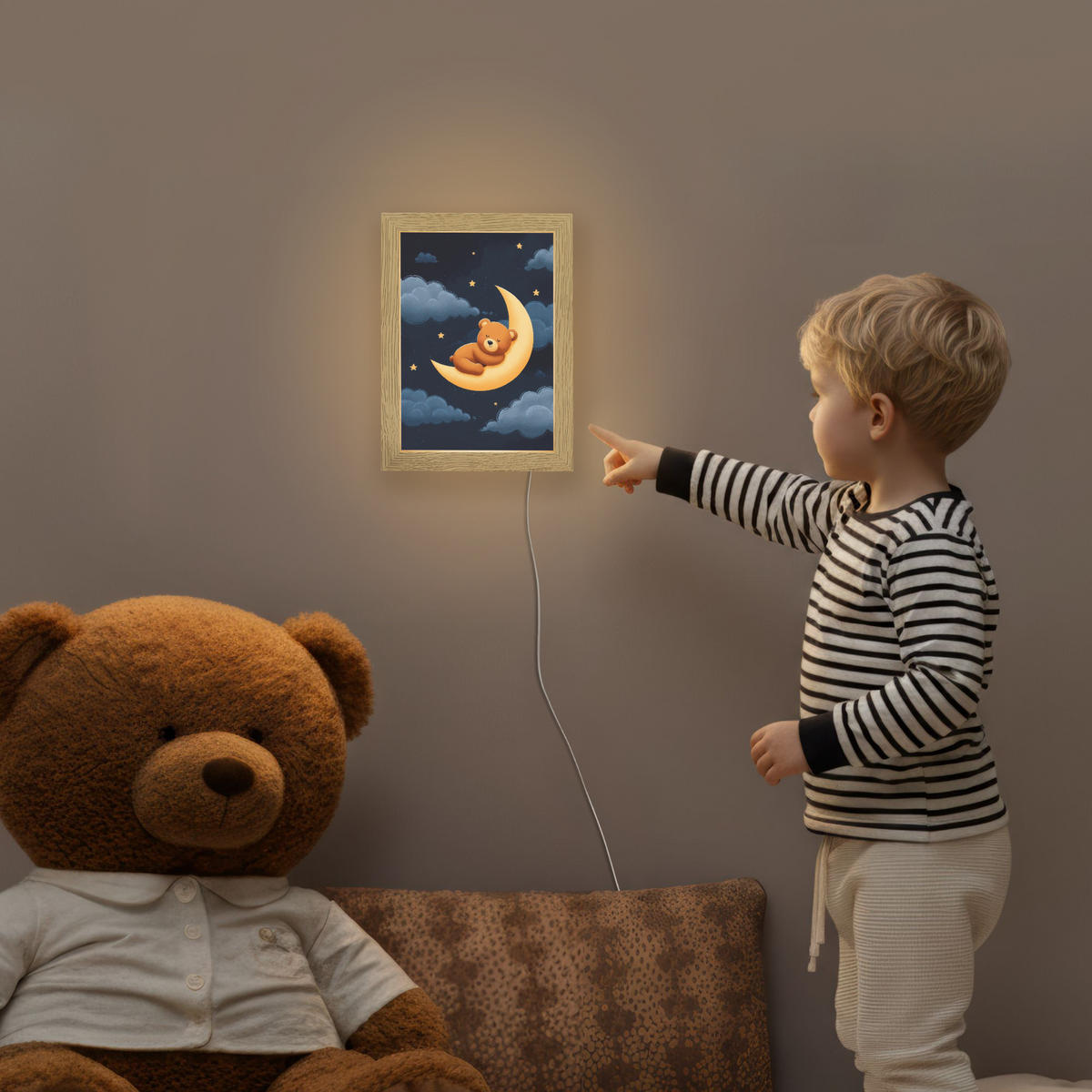 NACHTTISCHLAMPE Teddybär - Mond - Wolken - Sterne 15x20 cm - Dunkelblau, Holzwerkstoff (8/15/20cm)