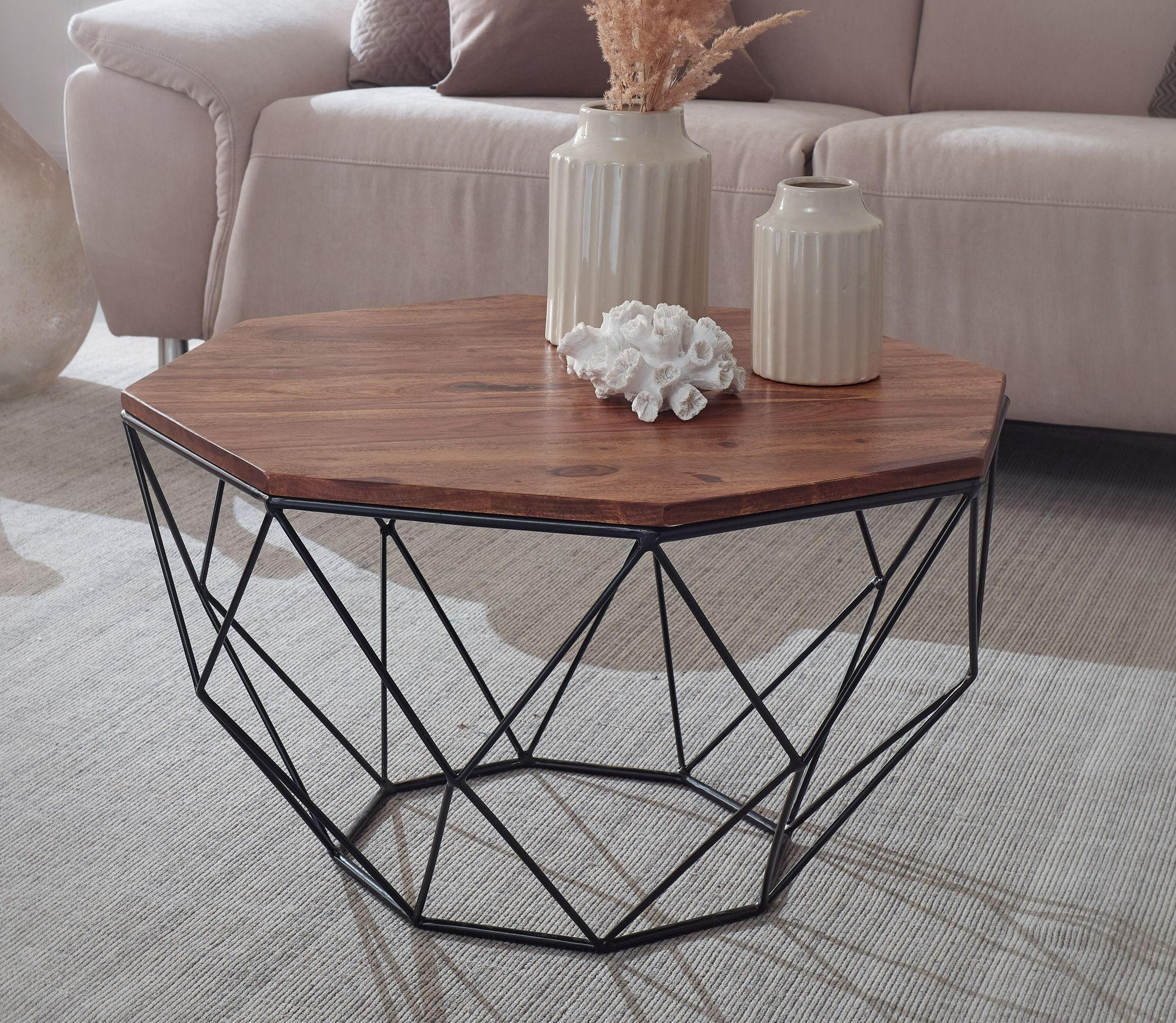 Thumbnail - Kadima Design Couchtisch, Braun, Holz, Echtholz,Sheesham, Rund,Rund, Gittergestell, 66x40x66 cm, Wohnzimmer, Wohnzimmert...