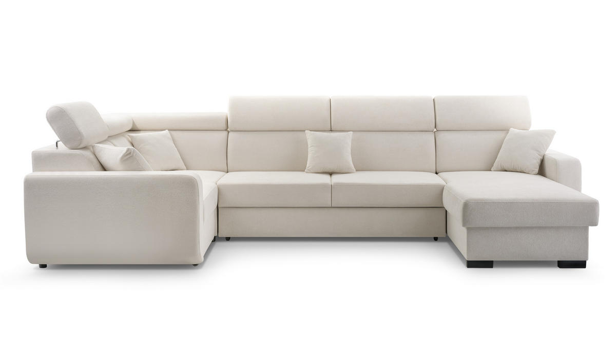 WOHNLANDSCHAFT CASTELLO Beige Plüsch-Stoff mit Schlaffunktion - Beige, Holz (337/97/184cm) - MASSENO