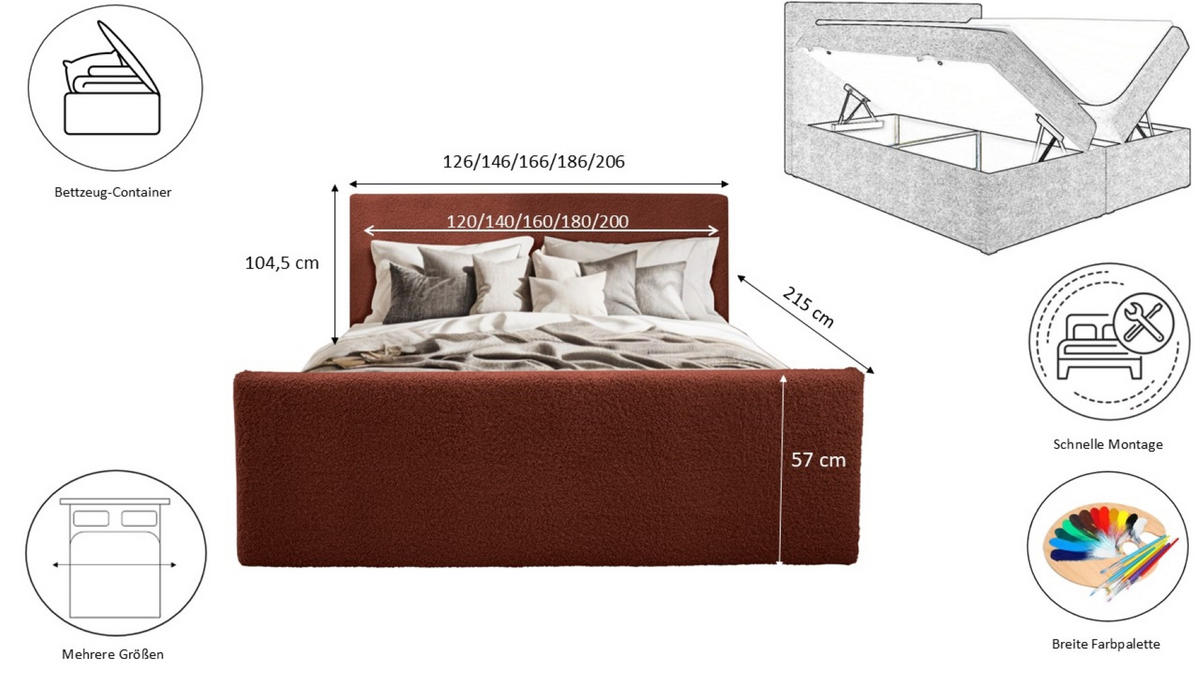 BOXBETT mit Bettkasten und Topper LAMM Stoff Sven Kupfer 120x200 cm H2-Pocket - Kupferfarben, Holzwerkstoff (120/200cm) - Kaiser Möbel
