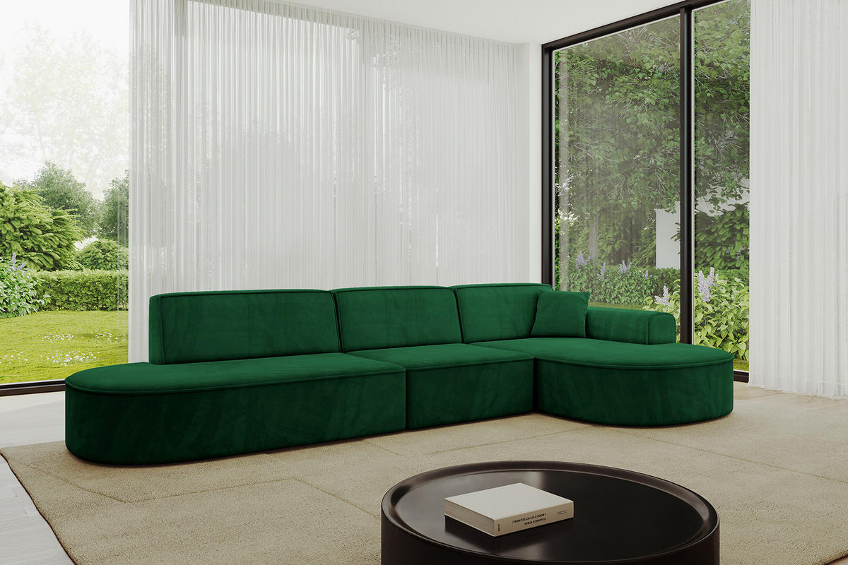 ECKSOFA Ottomane Rechts MARI-L2 - 328x171x79 cm Dunkelgrün Velours - Dunkelgrün/Schwarz, Holzwerkstoff/Kunststoff (171/328cm) - ALTDECOR
