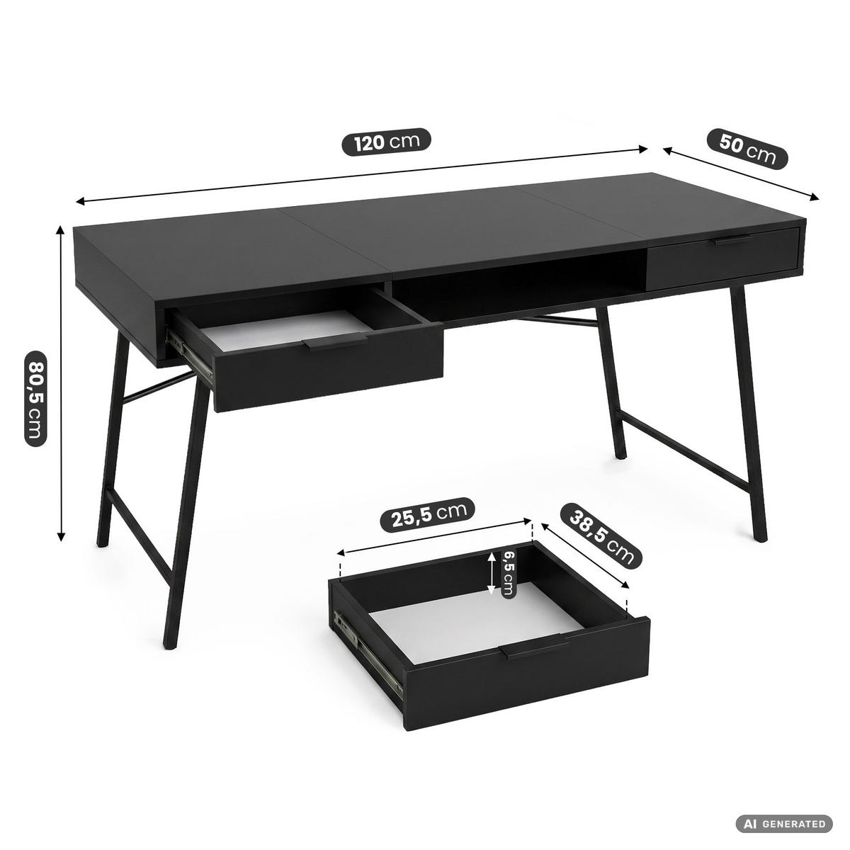 SCHREIBTISCH ARDEN 120 cm Schwarz - Schwarz, Holzwerkstoff (120/50/80.5cm) - Akord