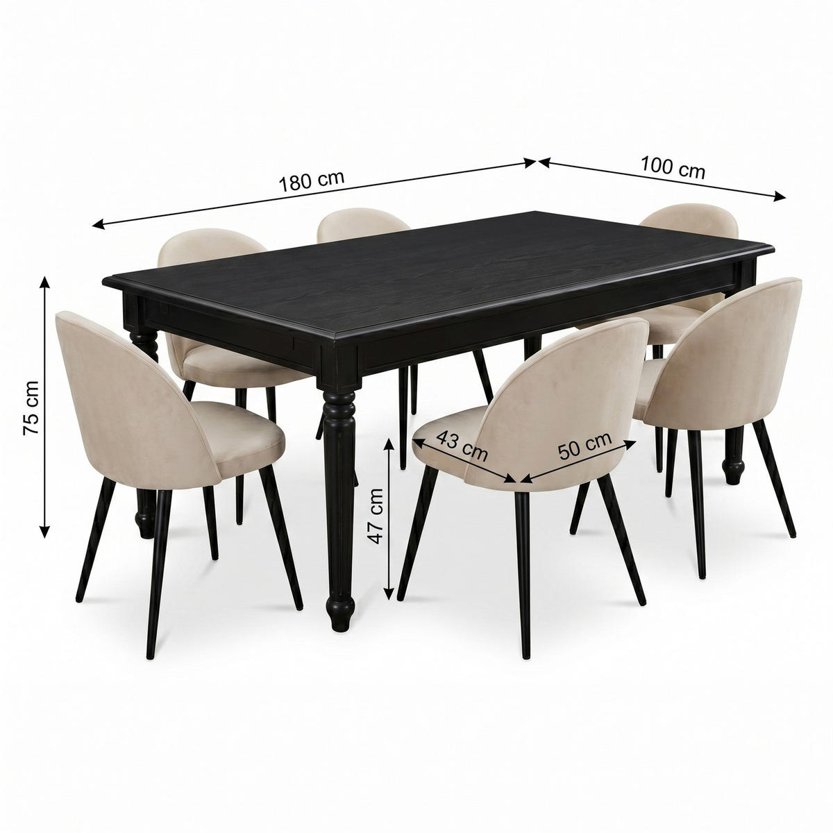 ESSGRUPPE Amaretta mit Esstisch Schwarz und 6 Stühlen Beige, 180 x 100 cm - Beige, Holz/Textil (180/75/100cm) - ebuy24