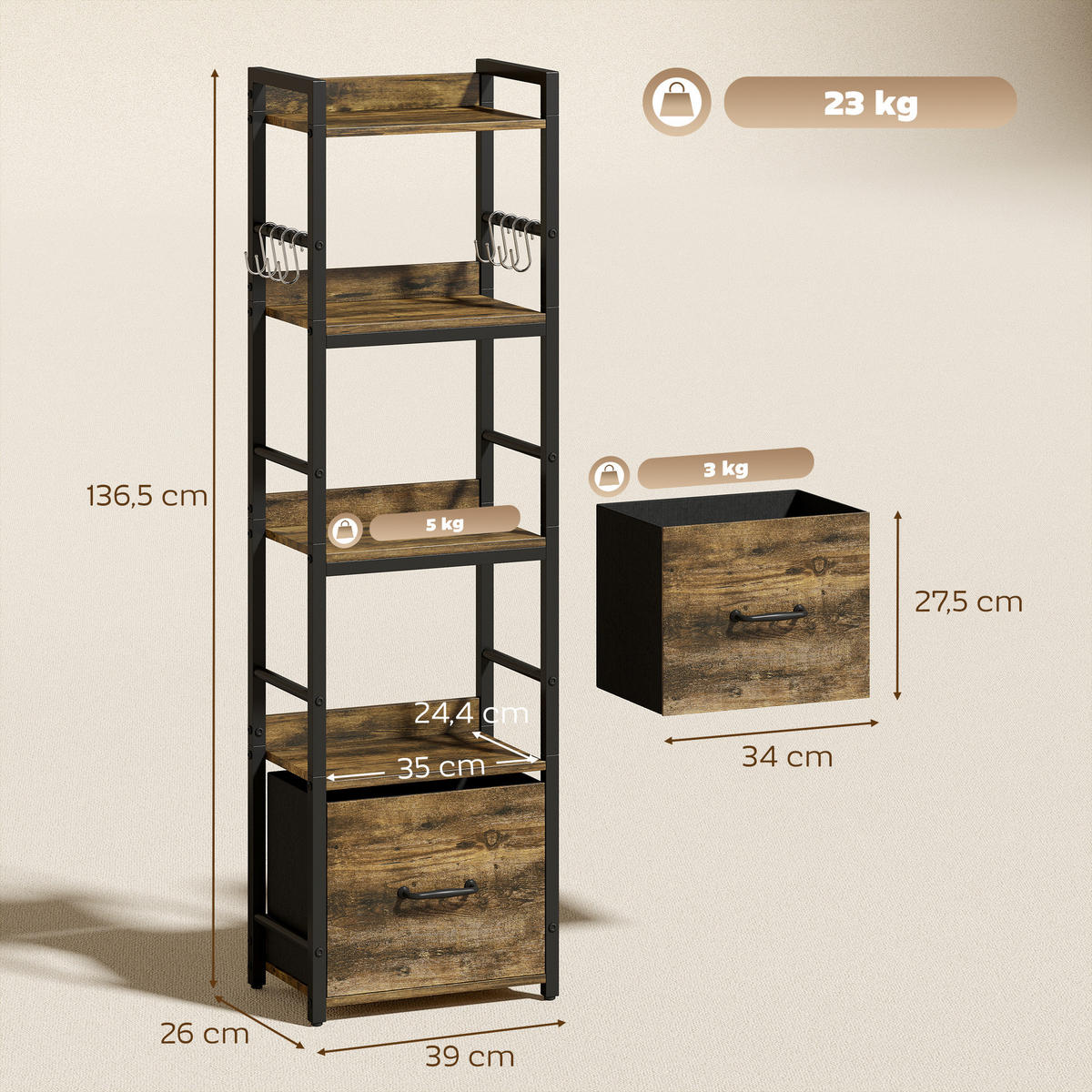 REGAL DE-15566 4 Ebenen + 1 Schublade + 8 Haken Rustikalbraun - Braun, Holzwerkstoff (39/136.5/26cm) - ComfortXL