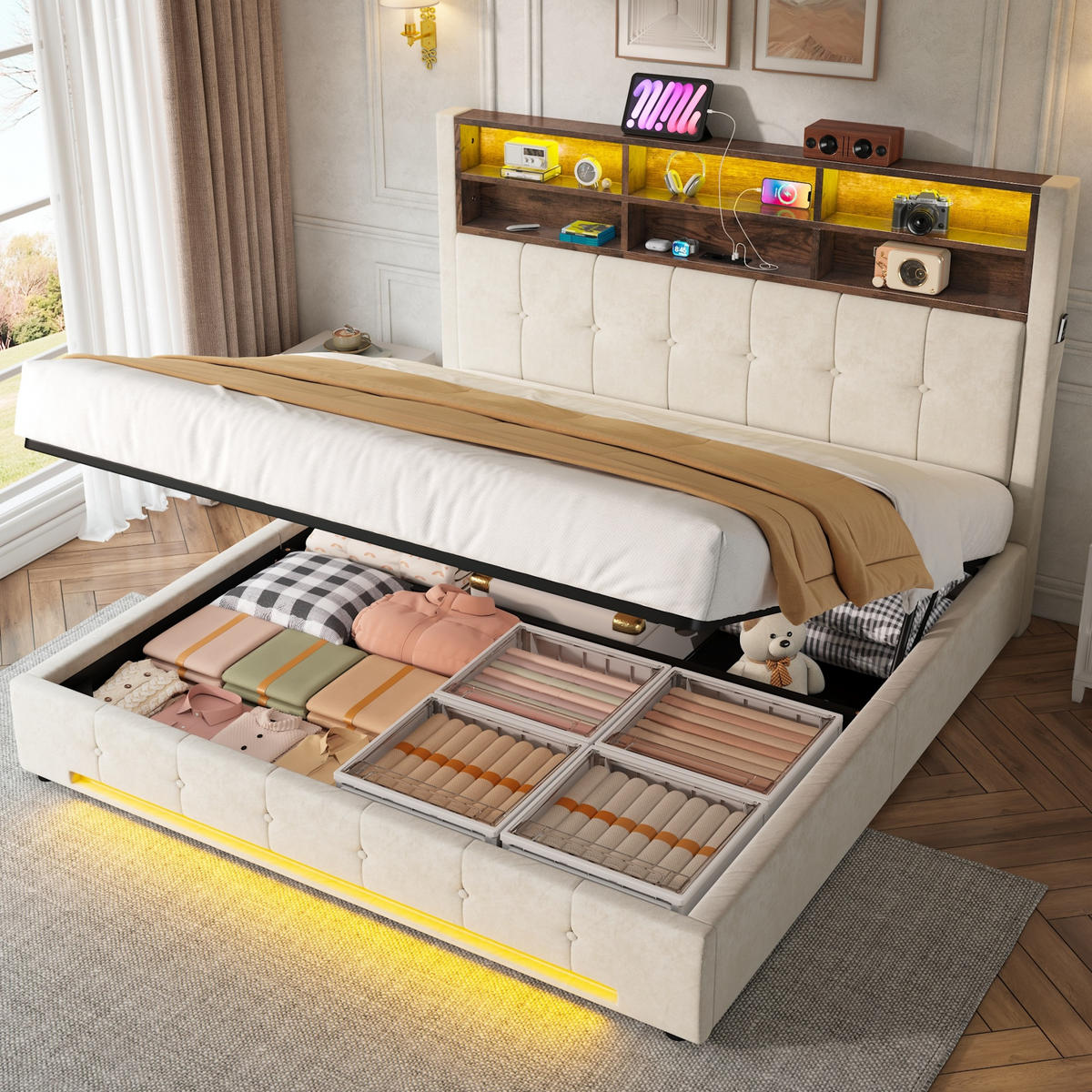 POLSTERBETT 180/200 cm in Beige mit 6 Fächern, Seitentaschen, USB-C, LED und Bettkasten aus Samt und Metall - Dunkelgrau, Holzwerkstoff/Textil - STILVORA