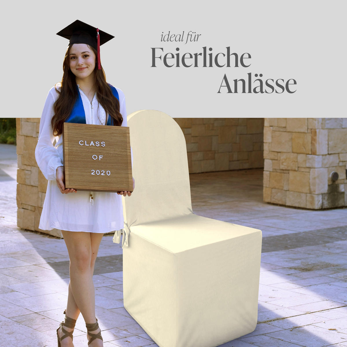 STUHLHUSSE ( Creme ) - Stretchhusse für runde Stuhllehnen - ( 45 cm x 96 cm ) elastischer Bankett Stuhlbezug - Creme, Textil (45/96cm) - Bestlivings