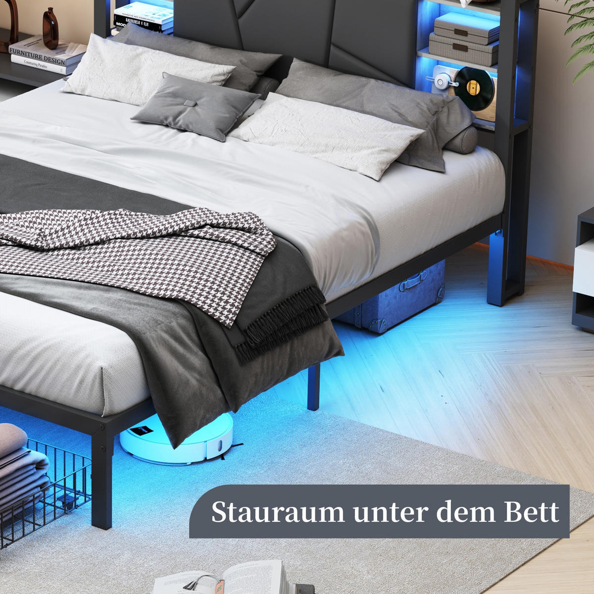 METALL-POLSTERBETT 160x200 cm Industrial Smart Charge mit RGB-LED, Ladestation und 2 Schubladen, Schwarz PU-Leder & Holz-Optik - Schwarz, Metall (160/200cm) - DELFA