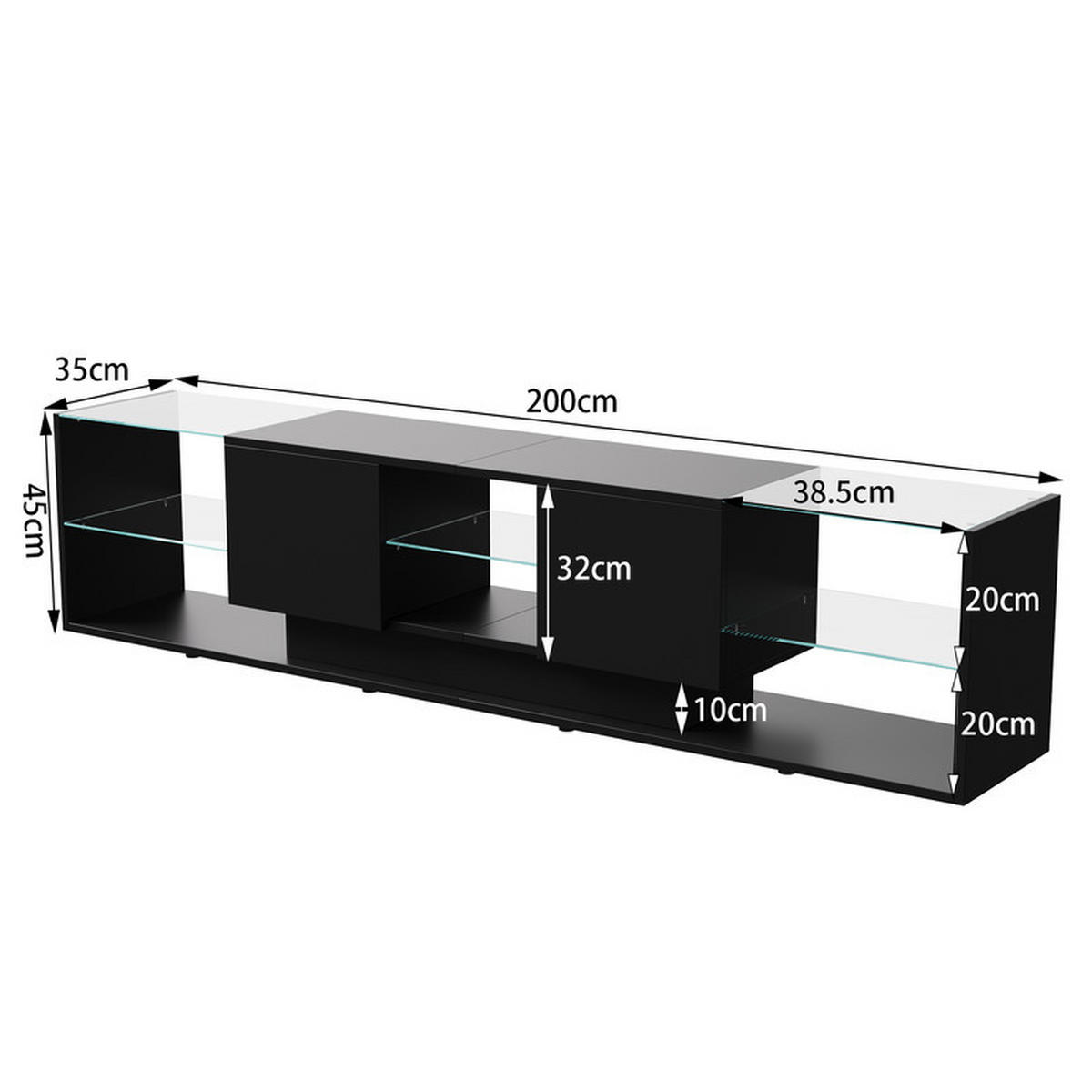 LOWBOARD, 200 x 35 x 45 cm LED Highlights mit Offenen Stauraum und 2 Schubladen, Glastrennwand, MDF - Schwarz, Glas (35/45/200cm) - WoodenAura