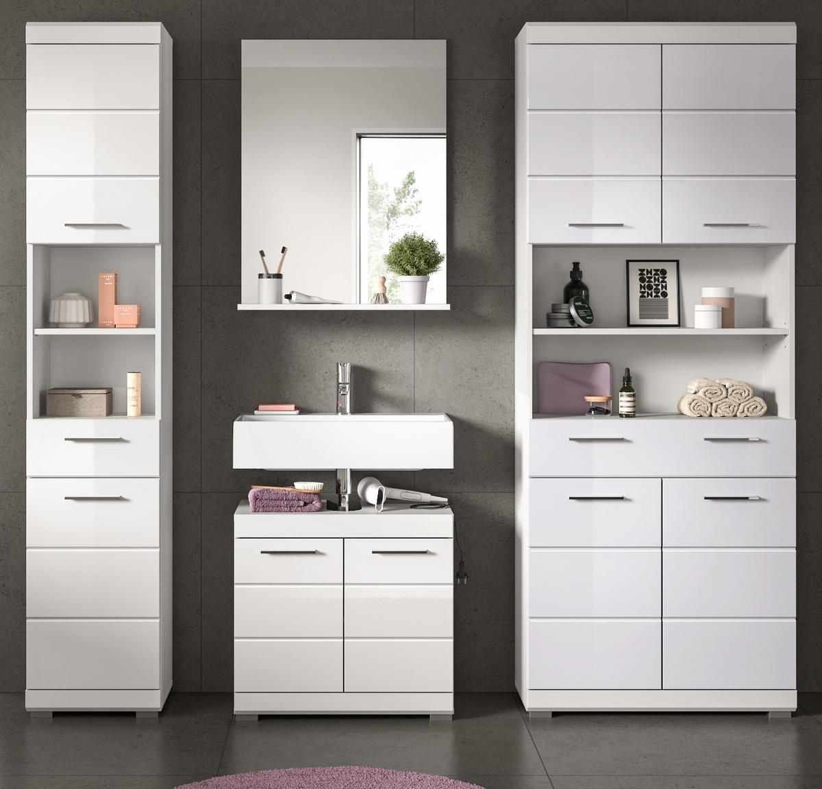 BADMÖBEL-SET weiß Hochglanz 4-teilig 200 cm, Komplettset mit viel Stauraum - Weiß Hochglanz, Glas/Holzwerkstoff (186/191/34cm) - Inn.Furn