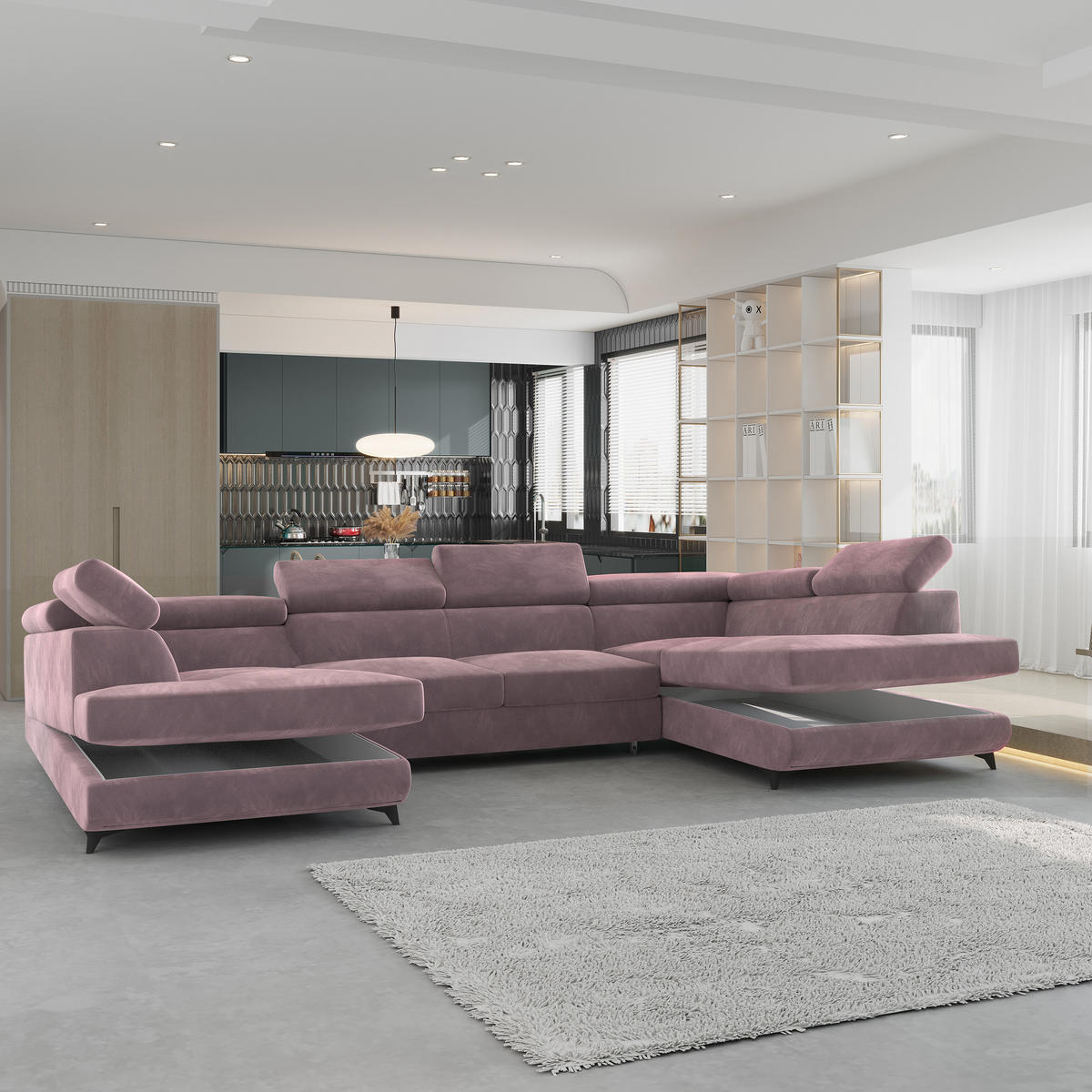 WOHNLANDSCHAFT VINTESSA Lila Velours-Stoff mit Schlaffunktion - Lila, Holz (323/89/190cm) - MASSENO