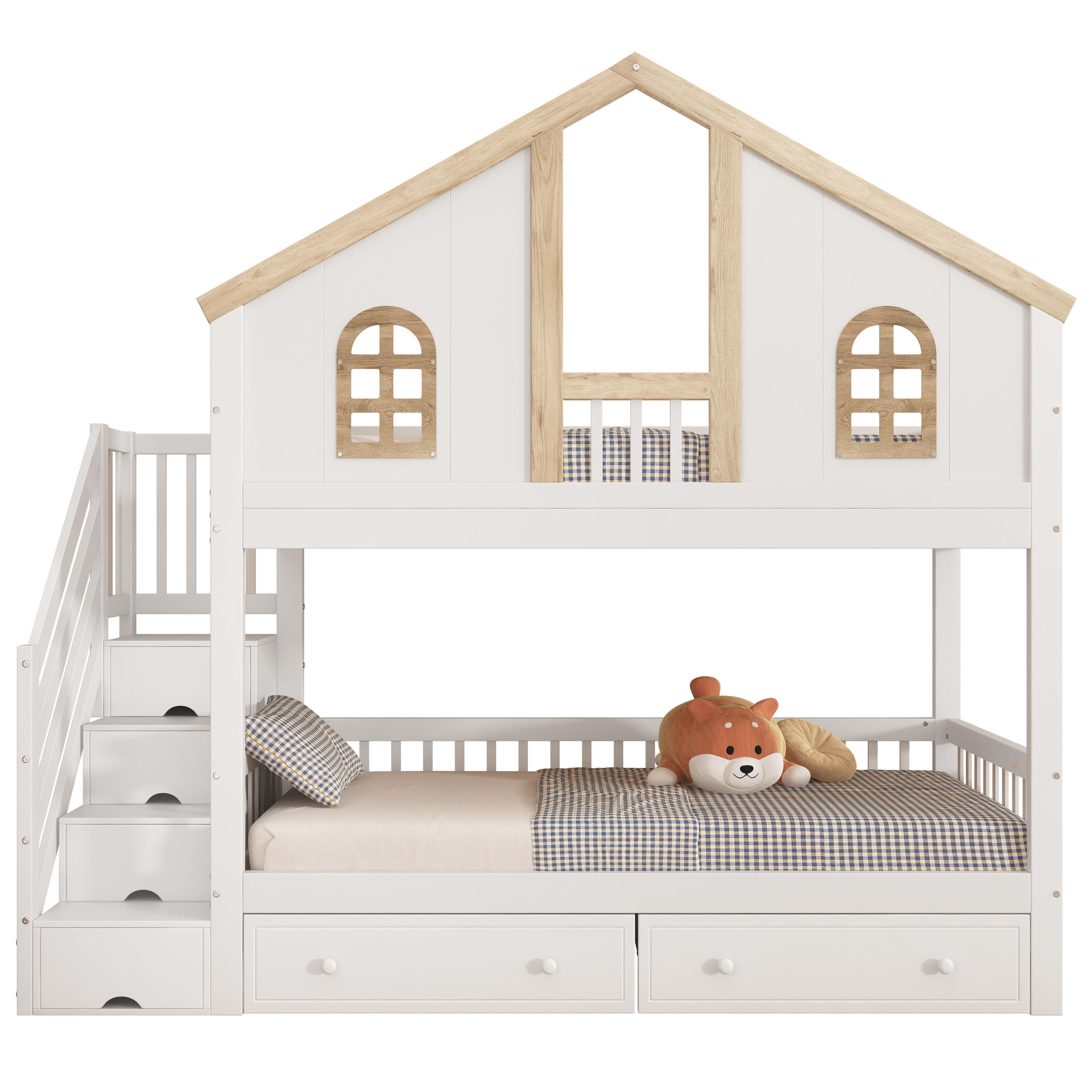 HAUSBETT 90x200cm mit Zwei Schublade in Weiß+Natur - Weiß, Holz (90/200cm) - KOMHTOM