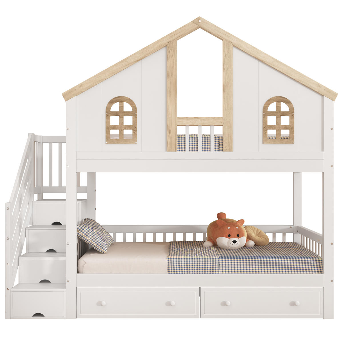 HAUSBETT 90x200cm mit Zwei Schublade in Weiß+Natur - Weiß, Holz (90/200cm) - KOMHTOM