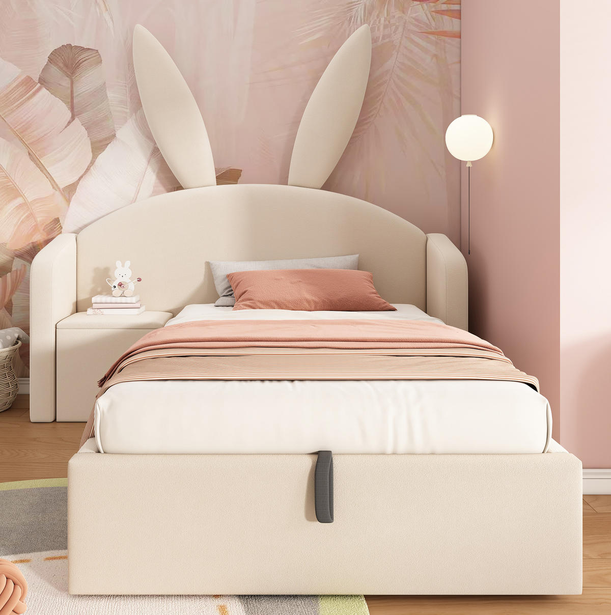 BETT mit hydraulischem Stauraum 90x200 cm Samt Beige, 2-tlg. mit Nachttisch - Beige, Metall (90/200cm) - Beauniv
