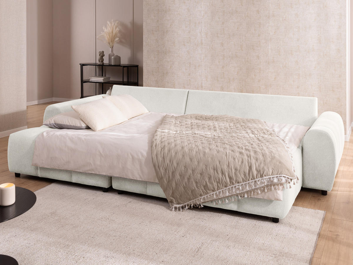 ECKSOFA inkl. Hocker Bubble mit Schlaffunktion und losen Rückenkissen, Sitzfläche in Bubble-Optik aus weichem Creme Strukturstoff - Ottomane Links - Creme/Schwarz, Holz/Kunststoff (180/306cm) - S-Style Möbel