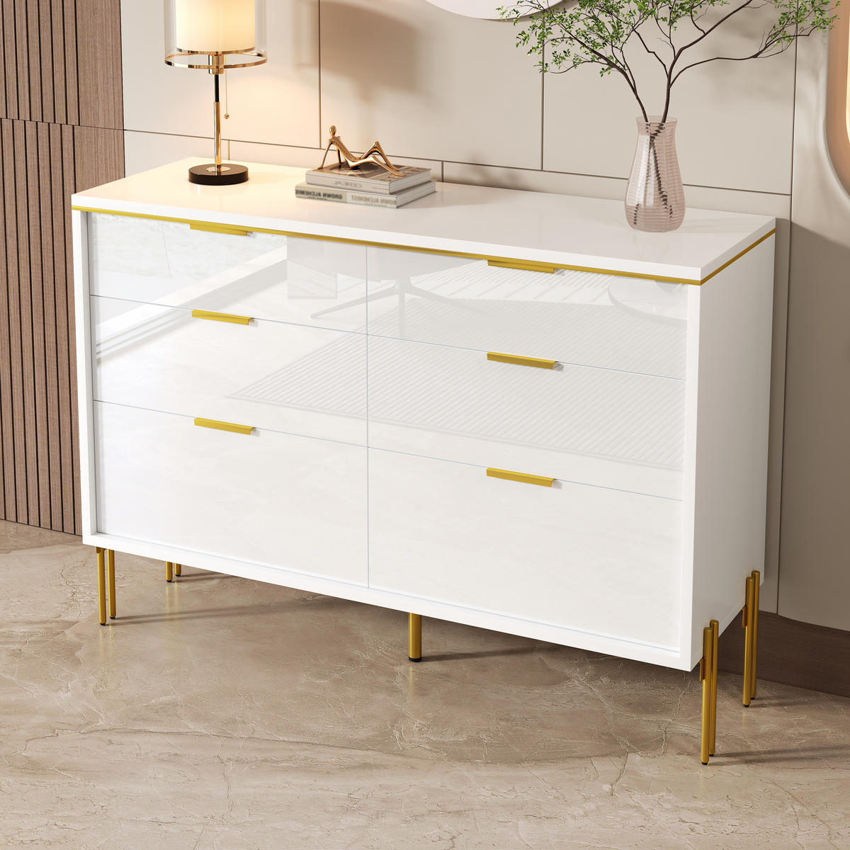 SIDEBOARD 6 Schubladen Weiß Gold Hochglanz Stauraum - Weiß, Holzwerkstoff (40/85.5/120cm) - FLIEKS