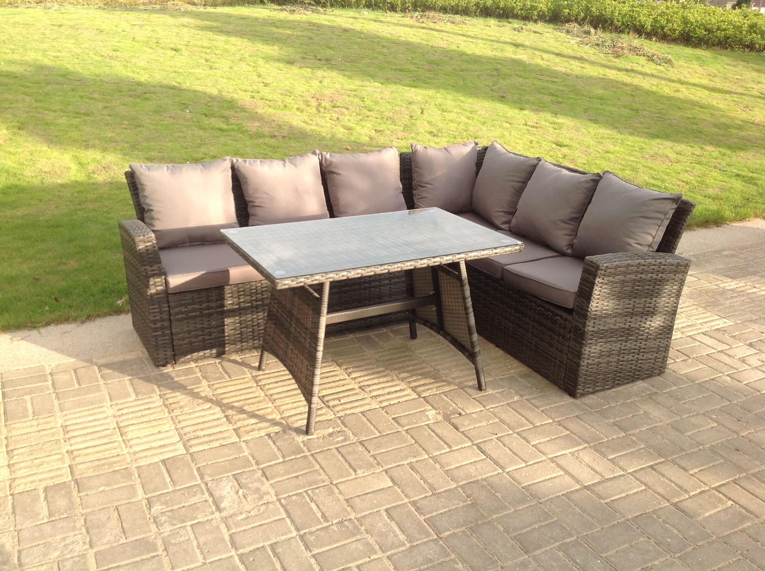 GARTENMÖBEL SET PE Polyrattan 6-Sitzer - Dunkelgrau/Grau, Glas/Kunststoff - Fimous
