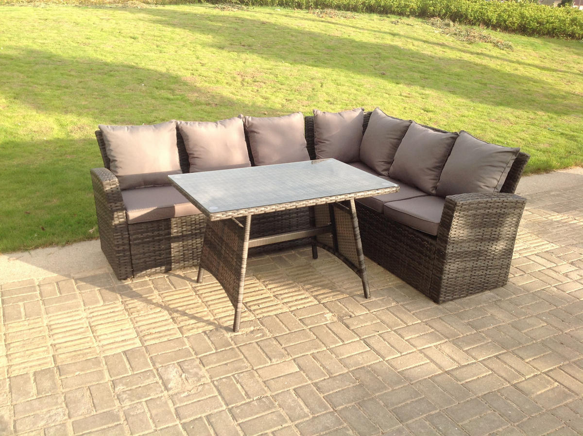 GARTENMÖBEL SET PE Polyrattan 6-Sitzer - Dunkelgrau/Grau, Glas/Kunststoff - Fimous