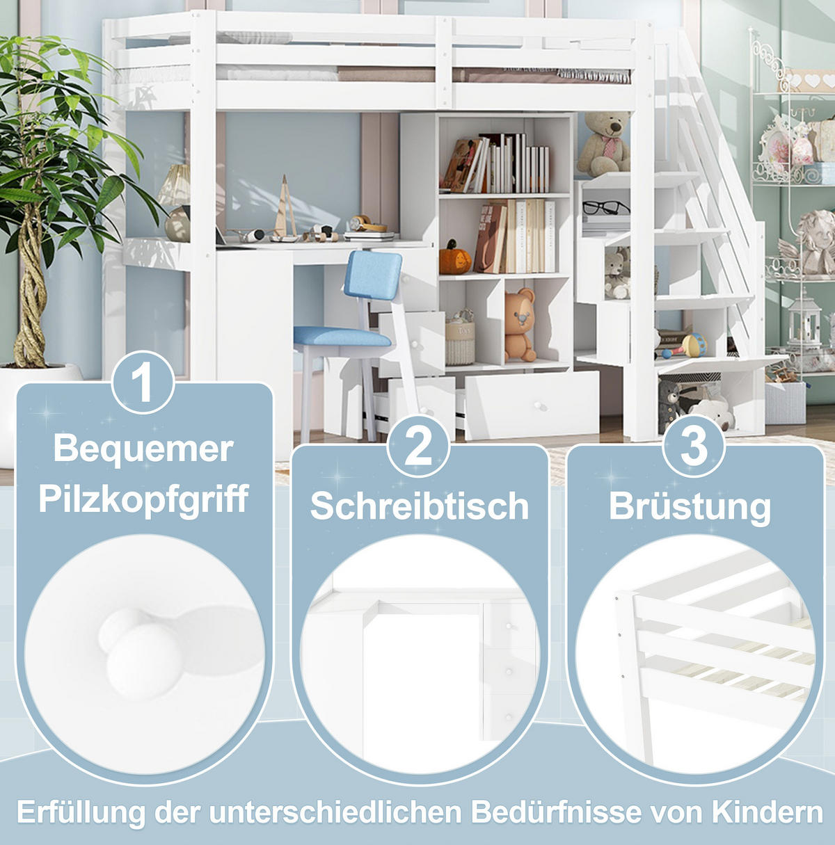 HOCHBETT 90/200 cm Weiß mit Schreibtisch und Stauraum mit Matratze - Weiß, Holzwerkstoff (90/200cm) - OKWISH